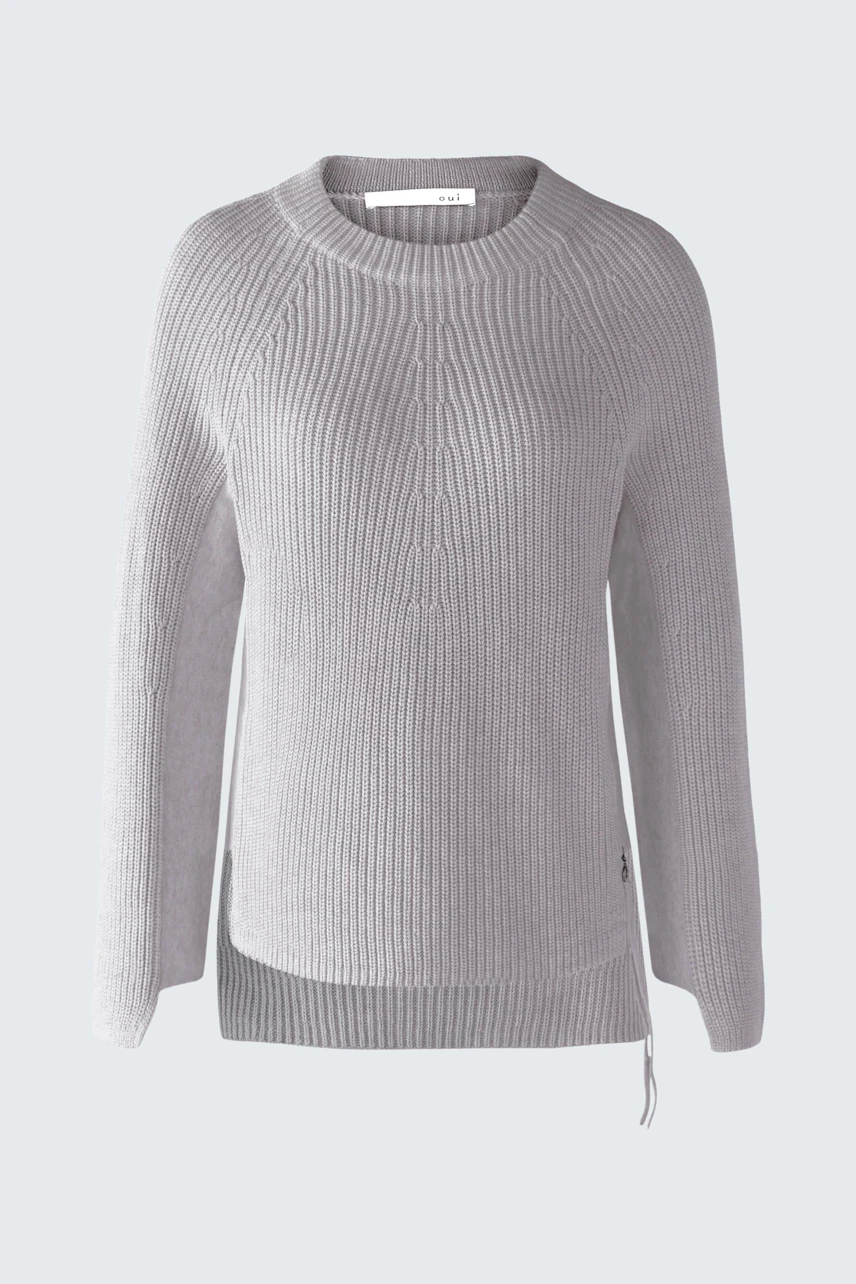 Casual women's pullover: Light gray ribbed pullover with a relaxed fit and side ties.
