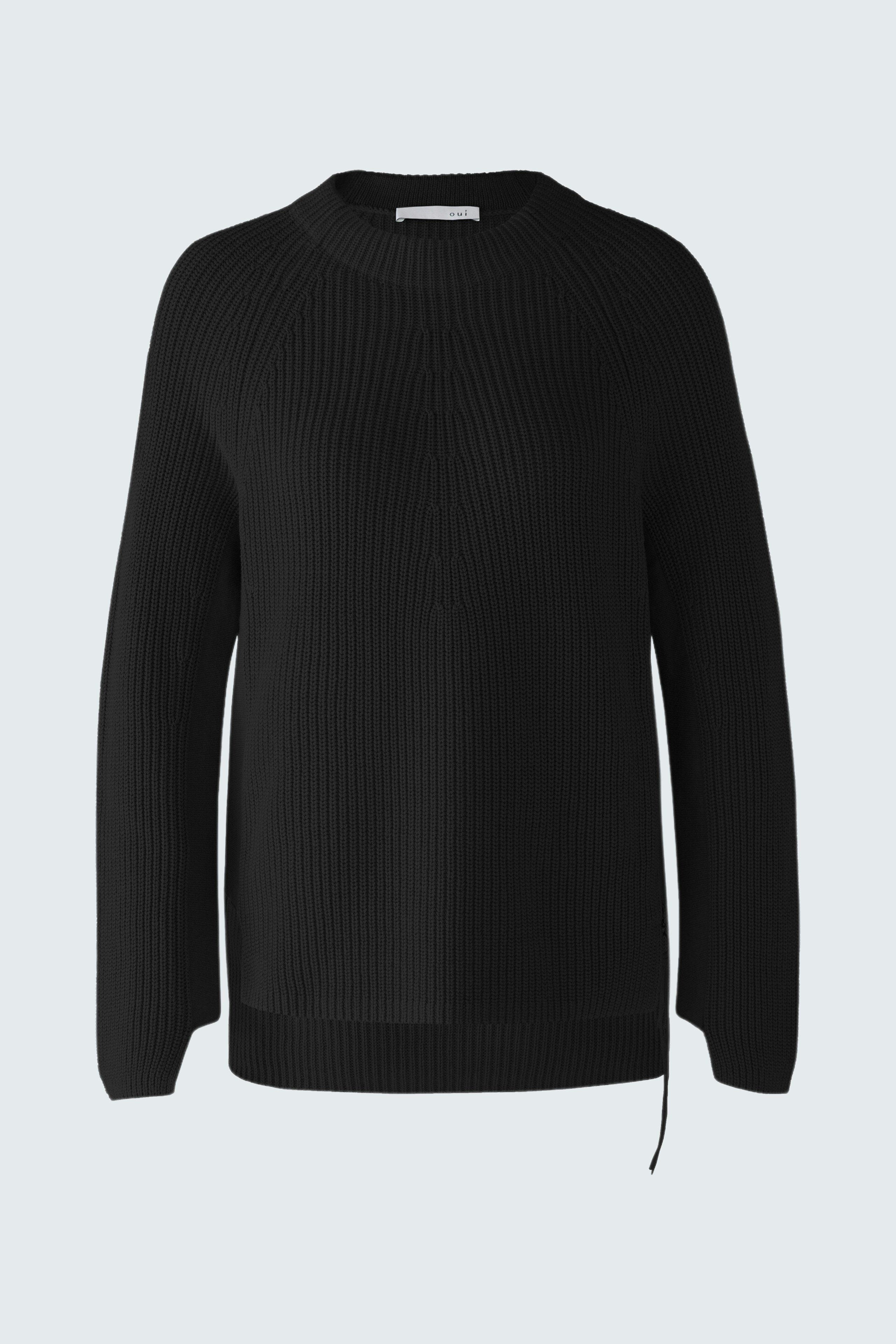 Casual women's pullover: Black ribbed pullover with a relaxed fit and side tie detail.