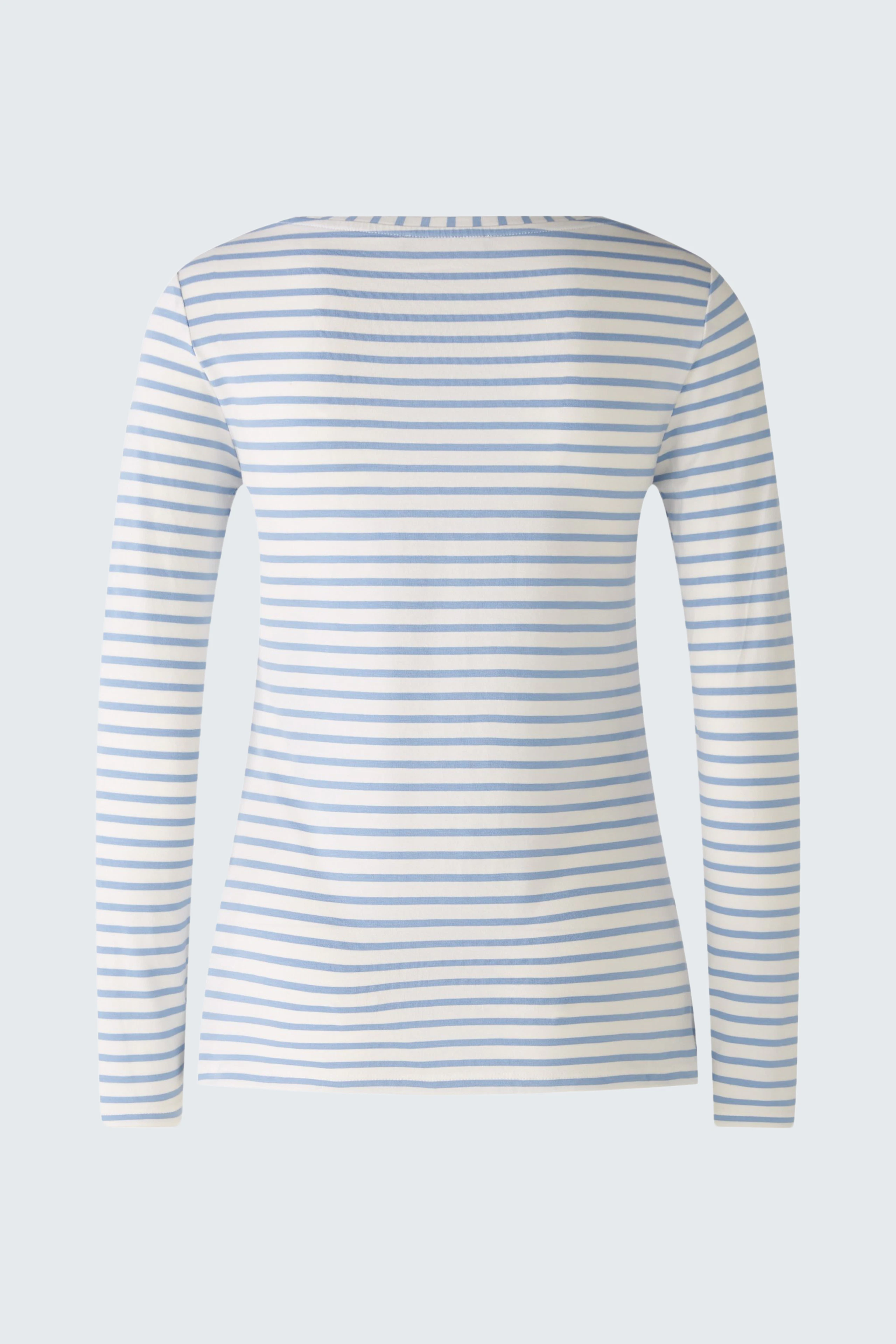 Langarmshirt: Rückansicht eines gestreiften Damen-Shirts in Blau und Weiß.