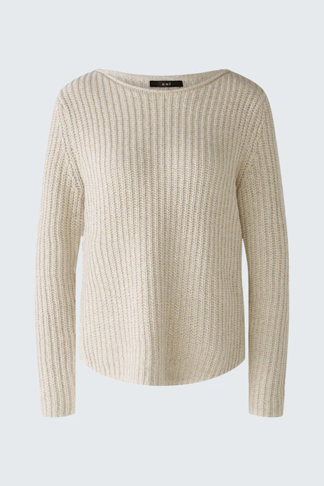 Beiger Damen-Pullover mit lässiger Struktur und weitem Rundhalsausschnitt.