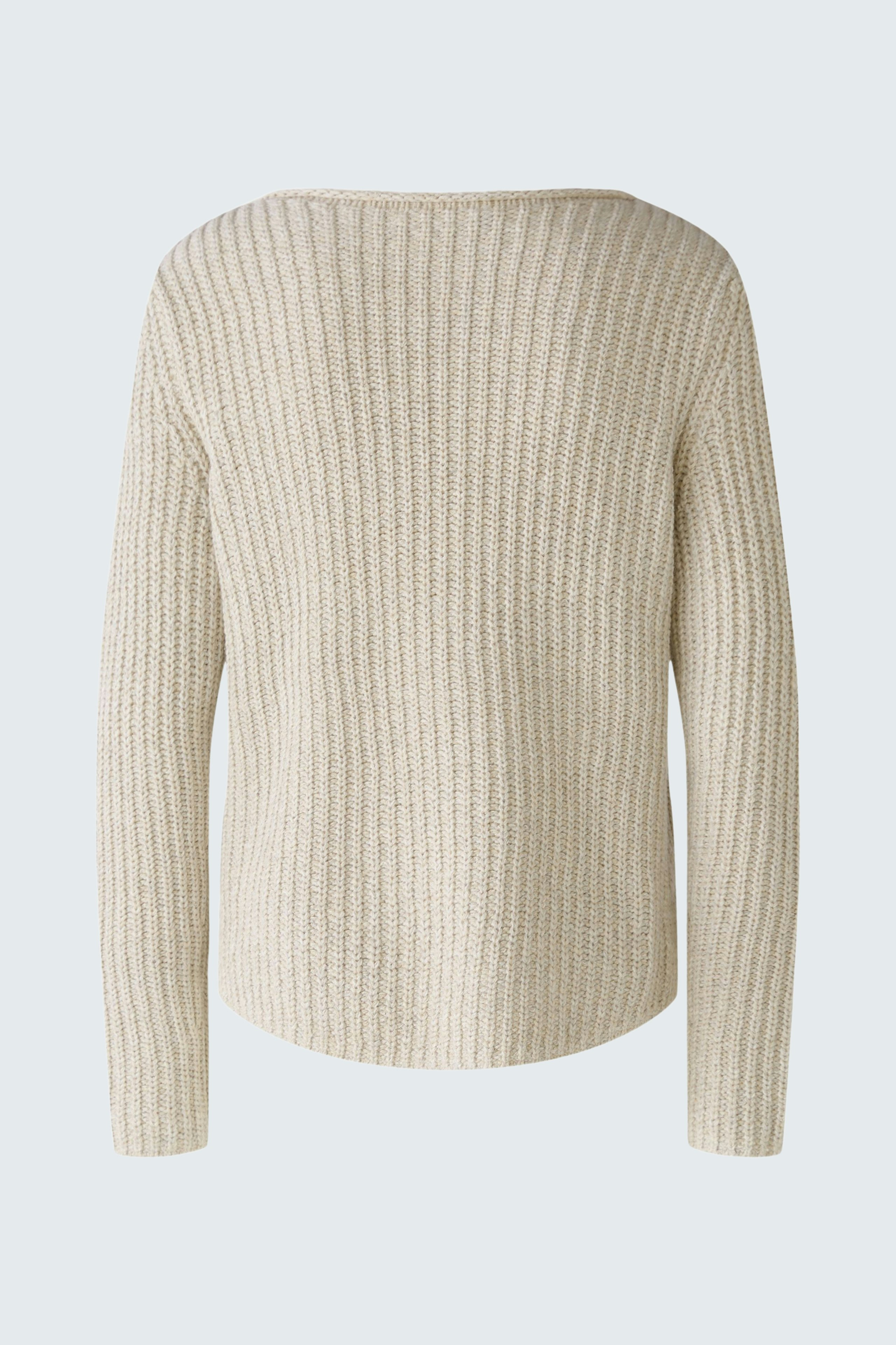 Casual women's pullover: Back view of a light beige ribbed pullover with long sleeves.