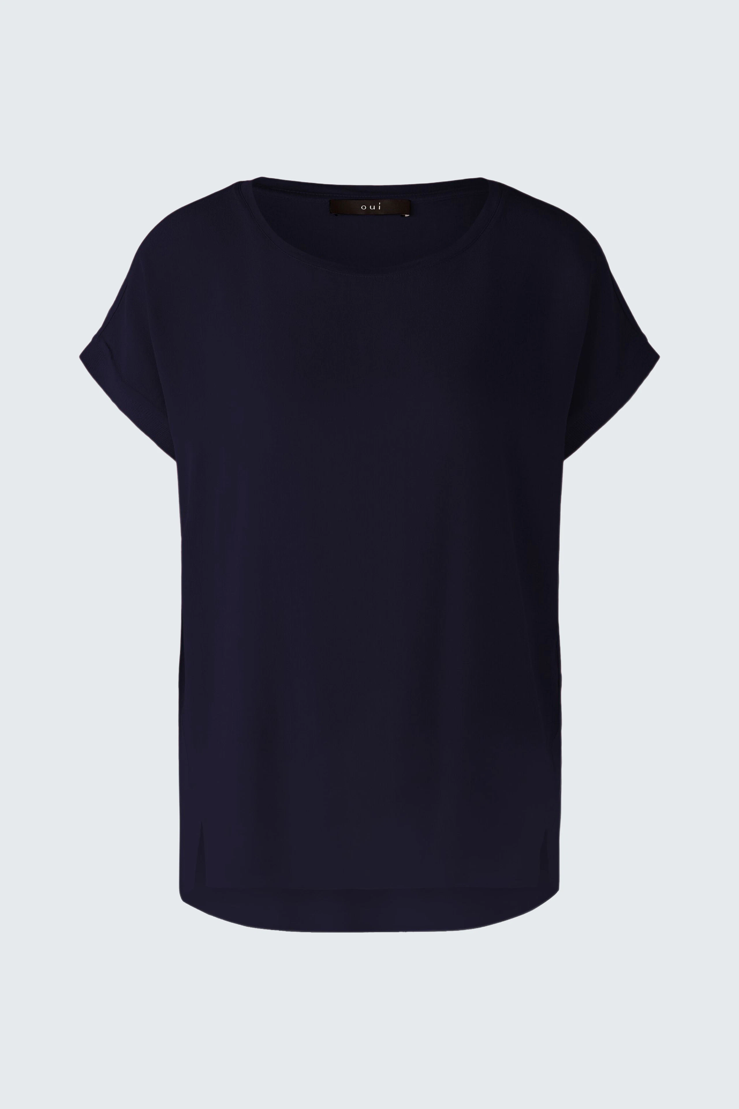 Casual women's blouse shirt in navy blue with a relaxed fit and short sleeves.