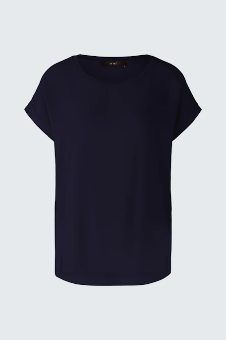 Casual women's blouse shirt in navy blue with a relaxed fit and short sleeves.