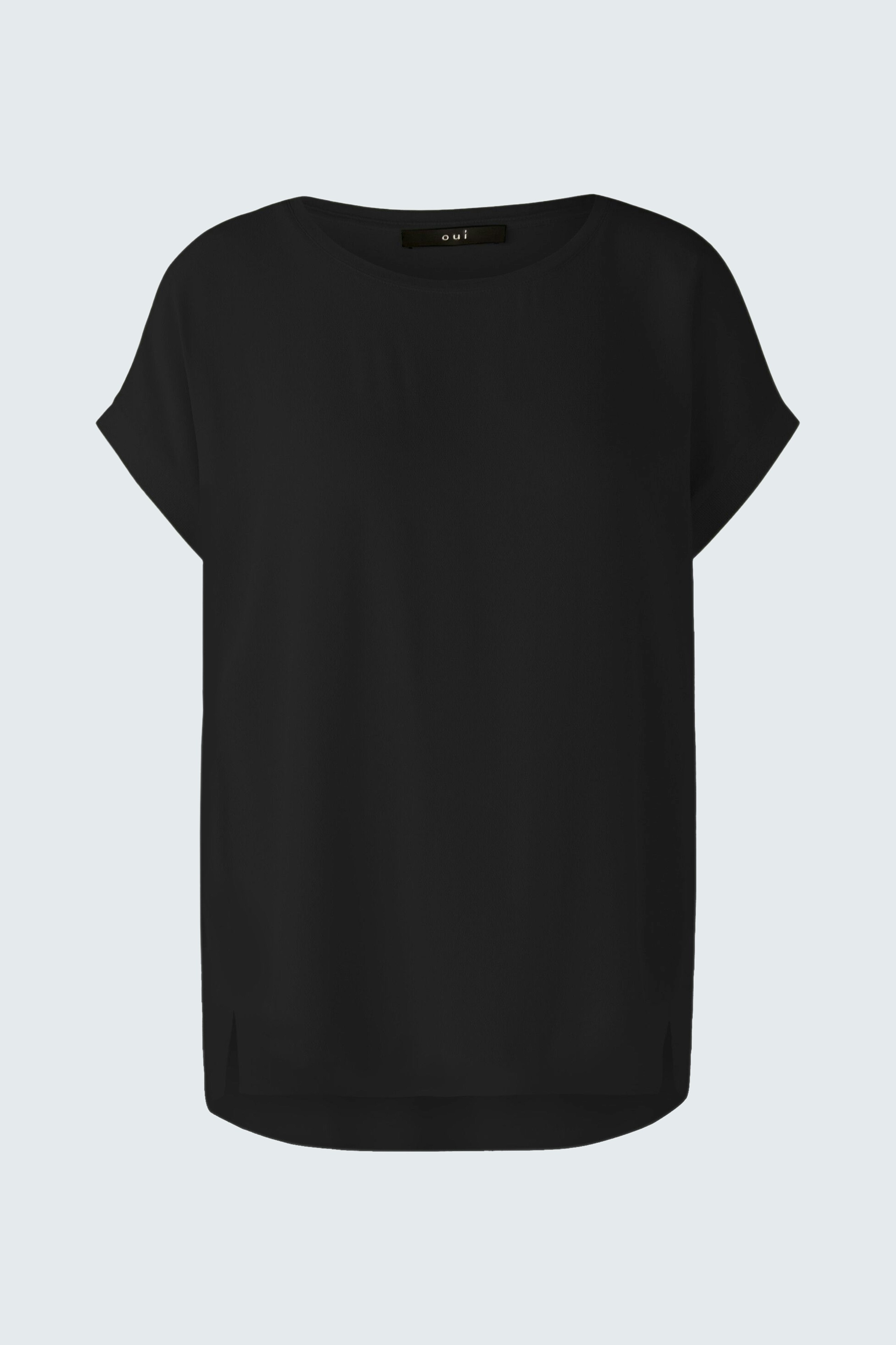 Schwarzes Blusenshirt: schlichtes, lockeres Oberteil mit Rundhalsausschnitt.