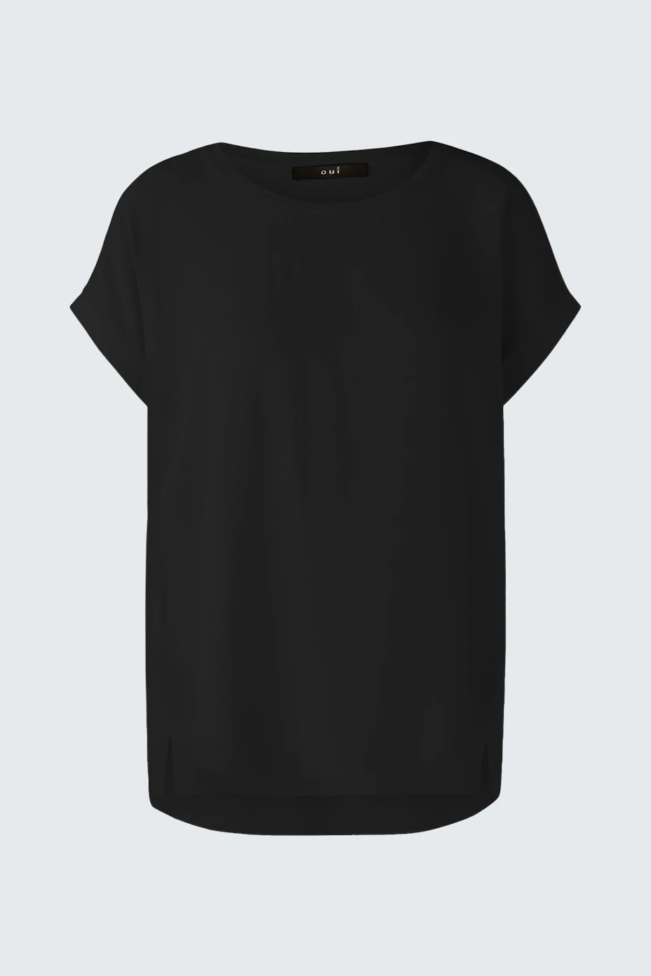 Casual women's blouse shirt in black, featuring a relaxed fit and short sleeves.