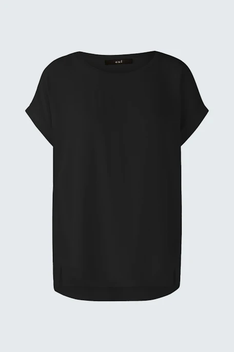 Schwarzes Blusenshirt: schlichtes, lockeres Oberteil mit Rundhalsausschnitt.