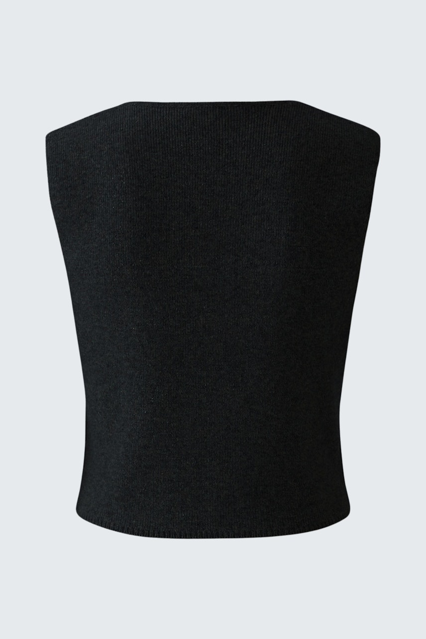 Schlichte Damen-Strickweste in Schwarz, ideal für lässige Outfits und vielseitige Kombinationsmöglichkeiten.