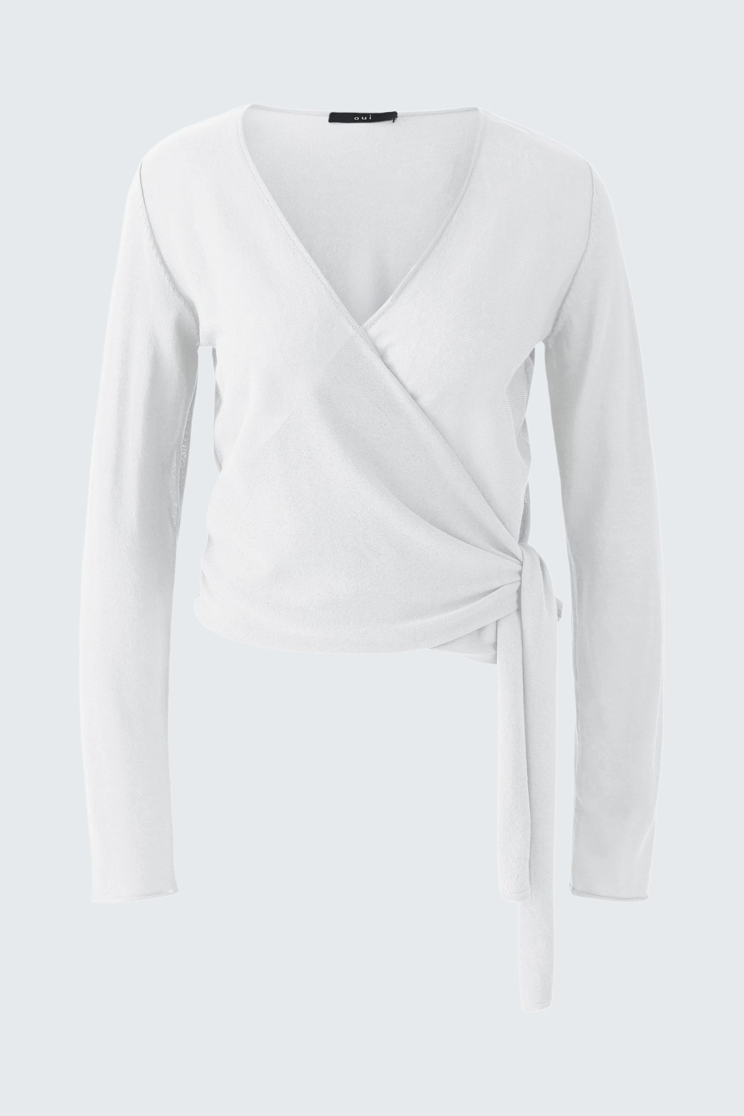 Casual women's cardigan: A white wrap cardigan with long sleeves and a tie detail.