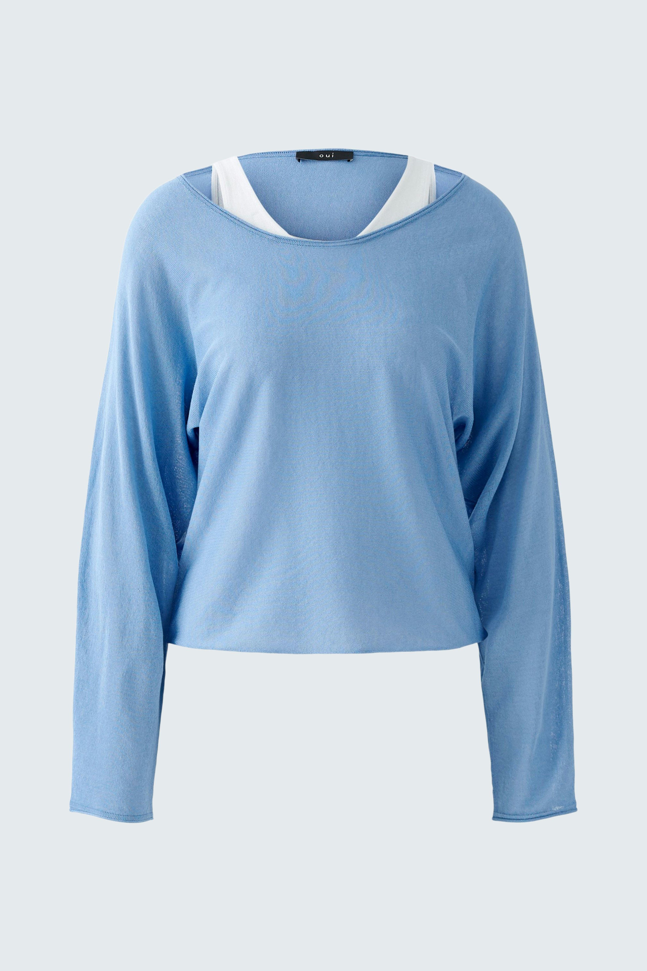 Bequemer Damen-Pullover in Blau mit weitem Ausschnitt und lässigem Schnitt.