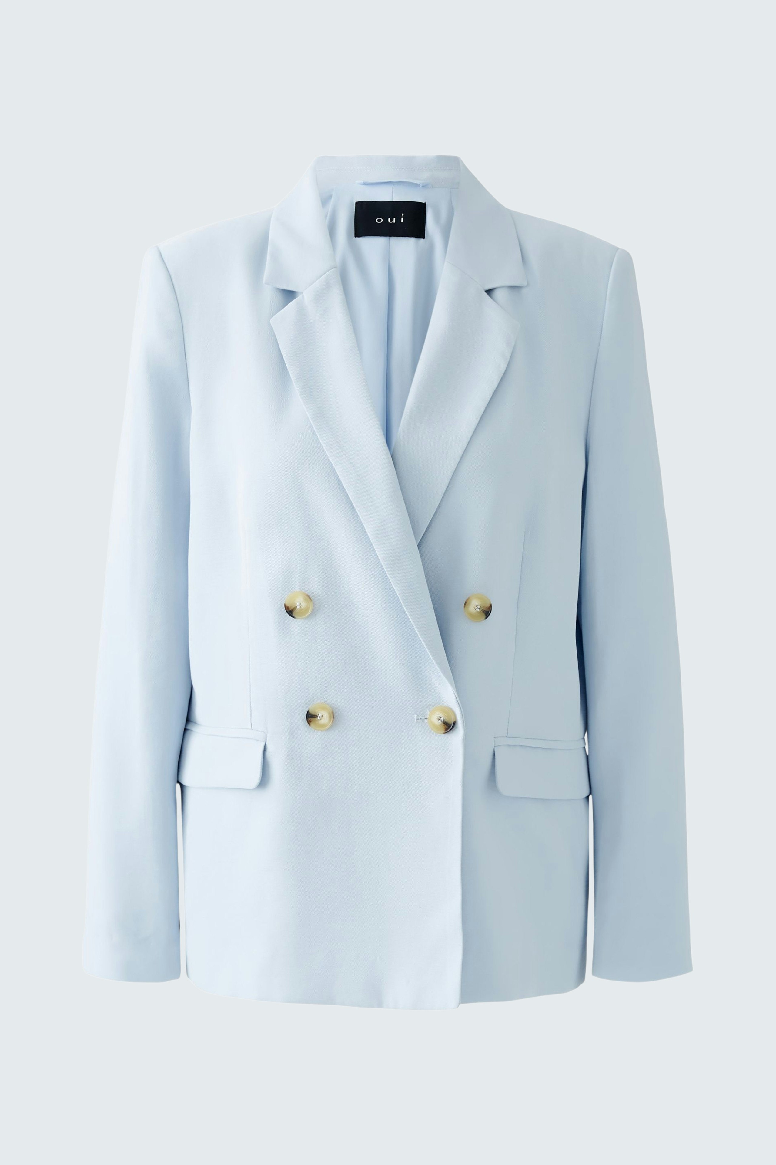 Heller Damen-Blazer in Blau mit doppelter Knopfleiste und zwei Taschen.