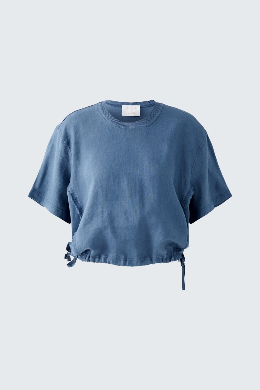 Casual women's blouse shirt in blue with a relaxed fit and adjustable drawstring at the hem.