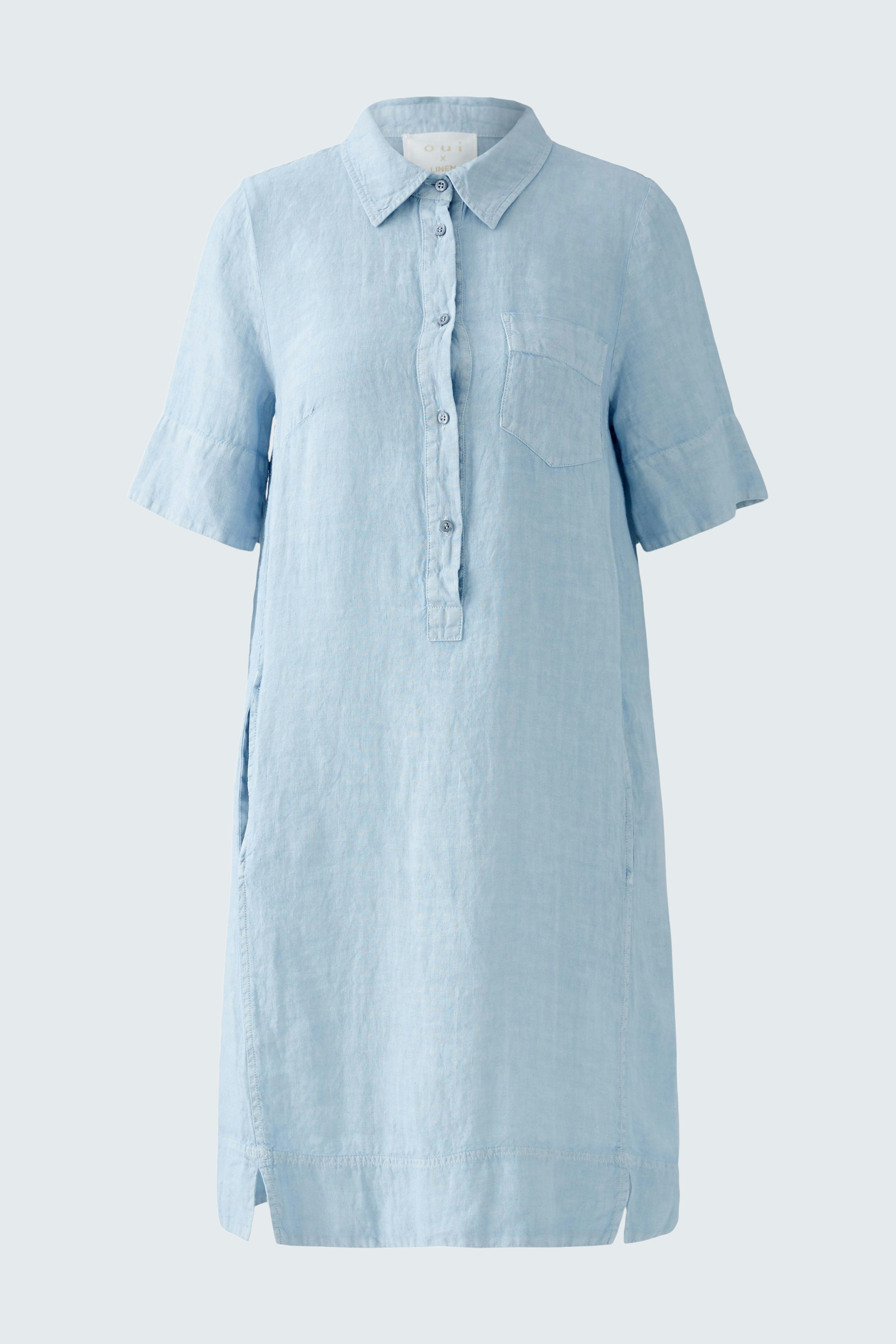 Light blue A-line dress with short sleeves and button-down front, designed for women.