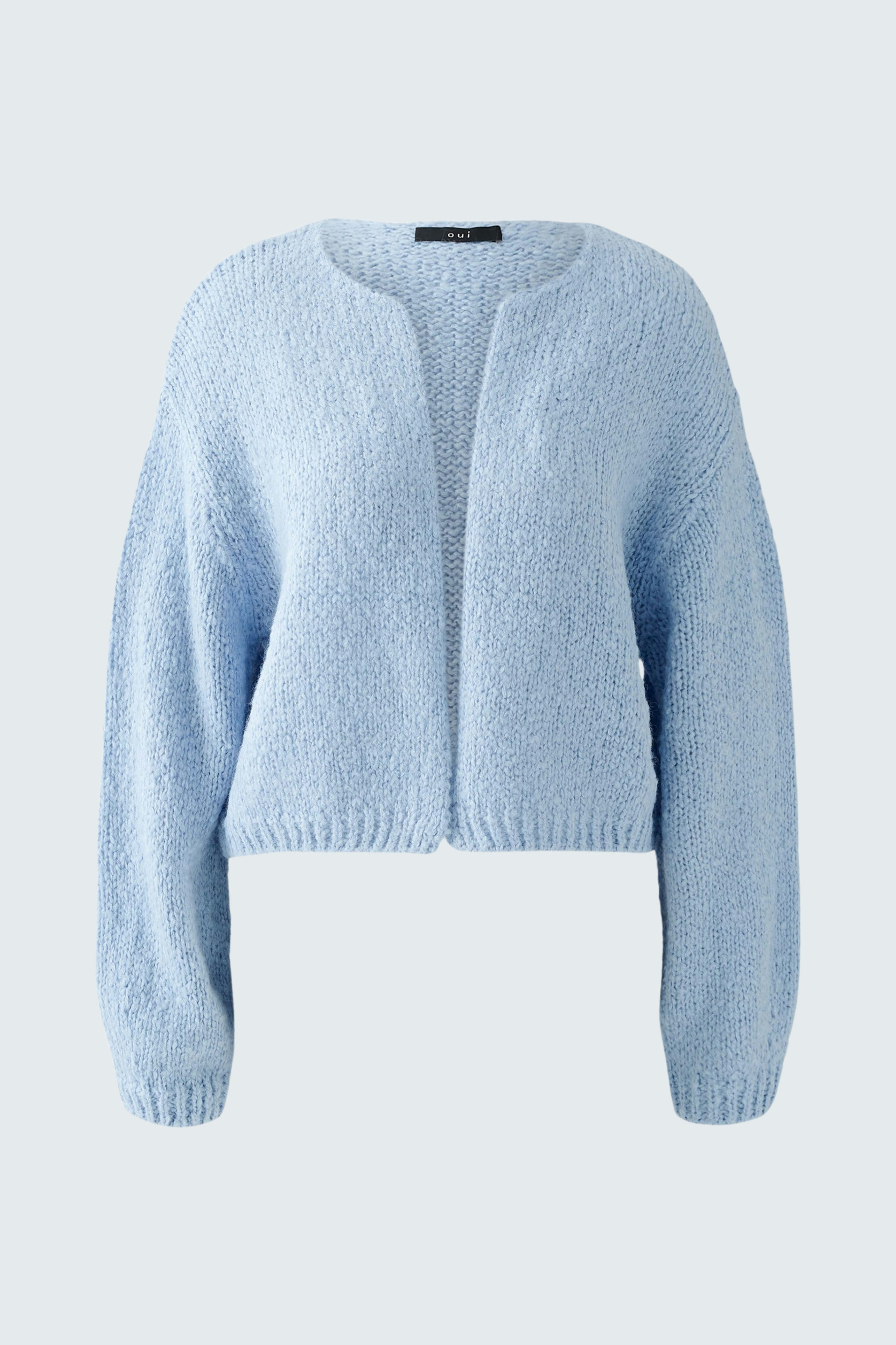 Cozy women's cardigan in soft blue, featuring a relaxed fit and open front design.