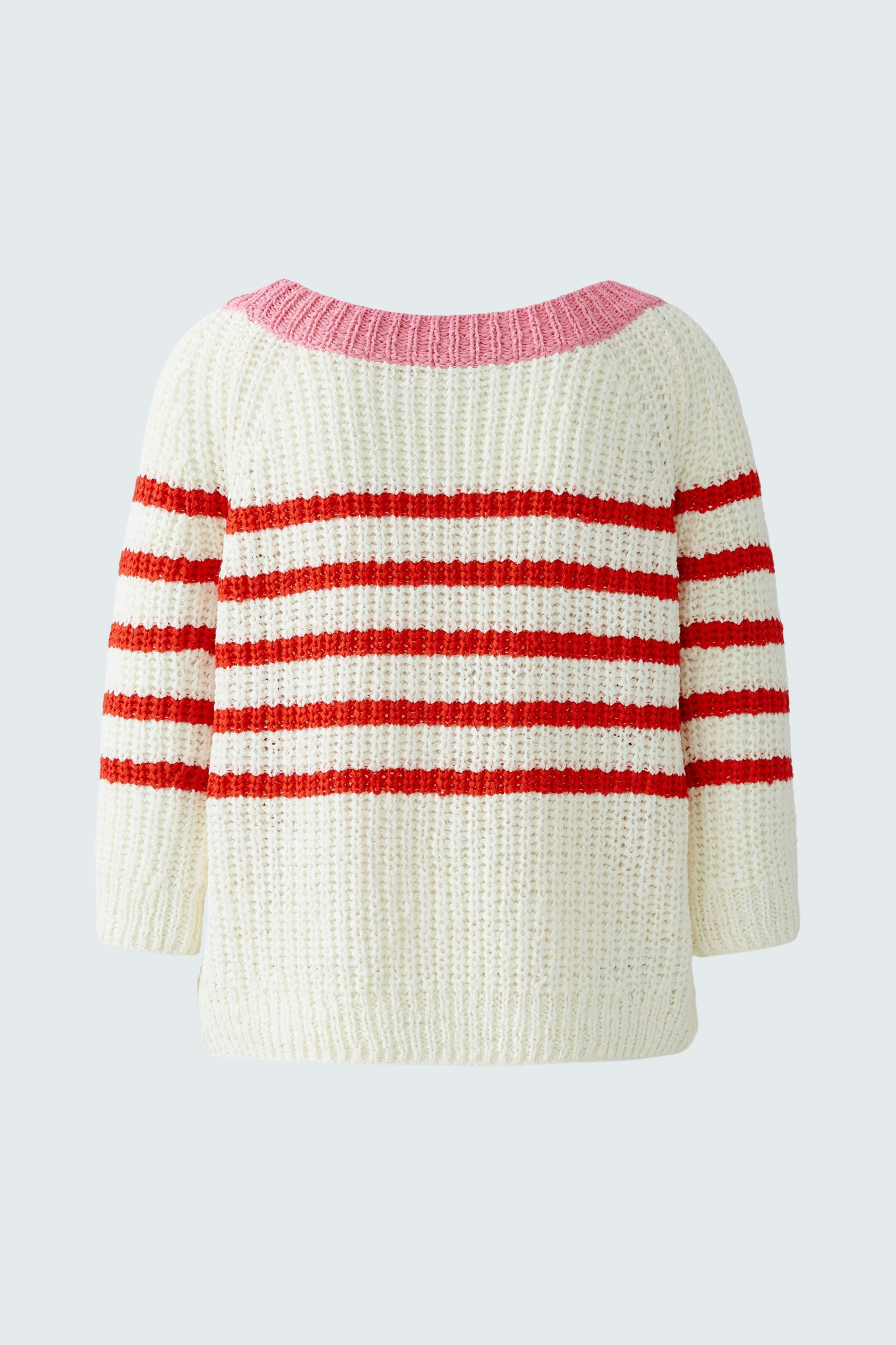 Casual women's pullover: Cozy white knit with red and pink stripes, perfect for relaxed outfits.