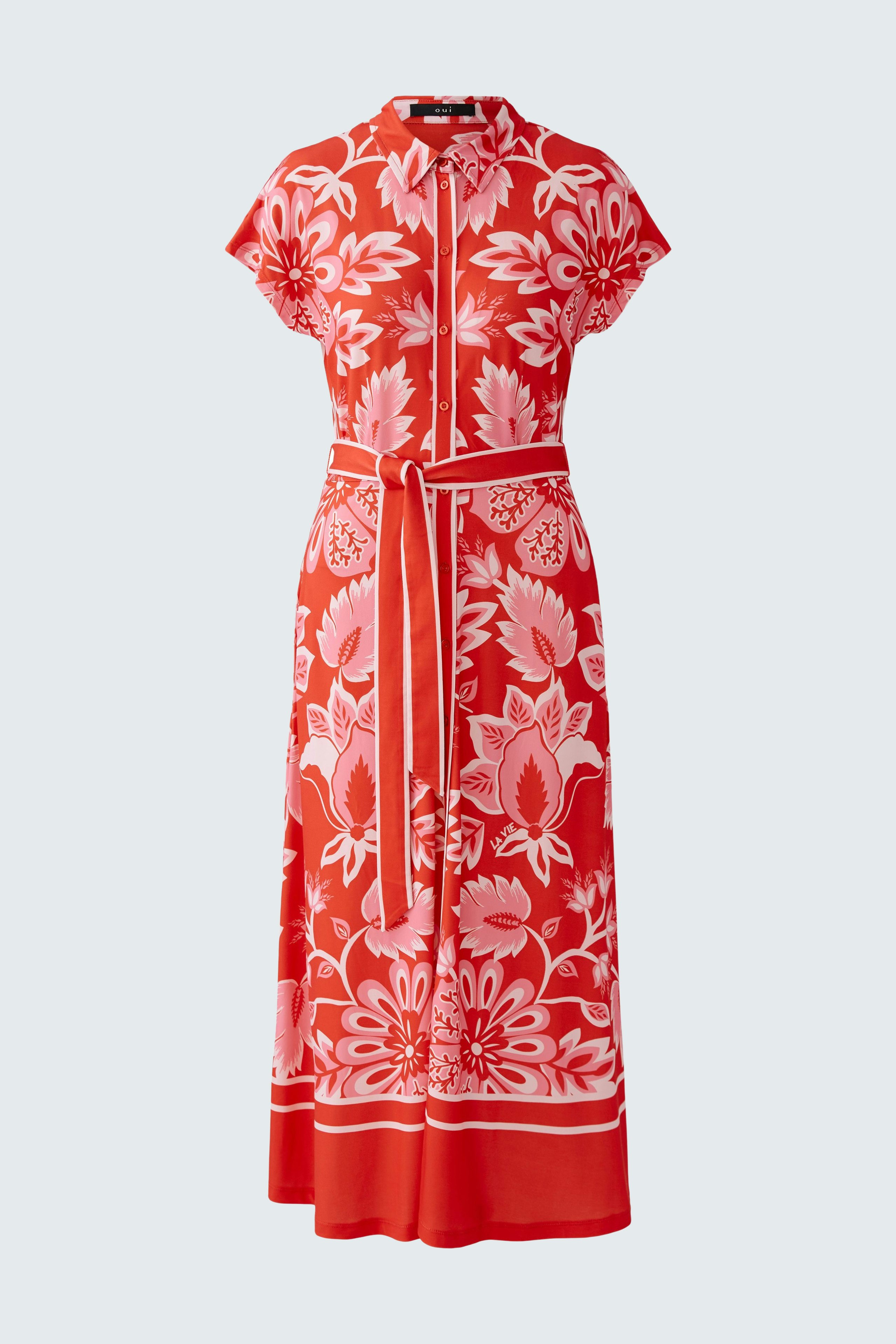Bright red shirt dress with floral pattern and belt, designed for women.
