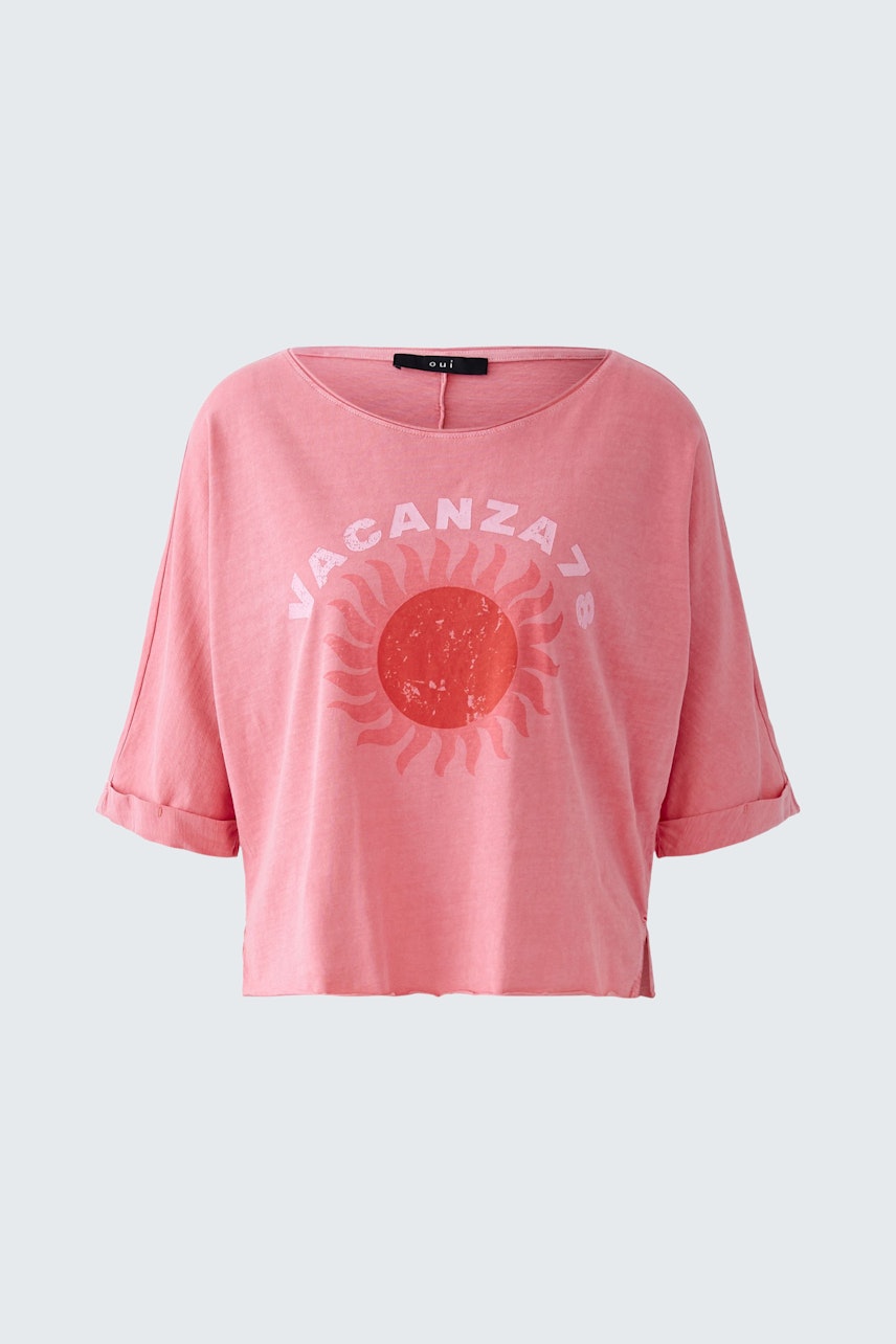 Lässiges Damen-T-Shirt: Weiches, rosa Shirt mit Sonnenmotiv und weitem Schnitt für einen entspannten Look.