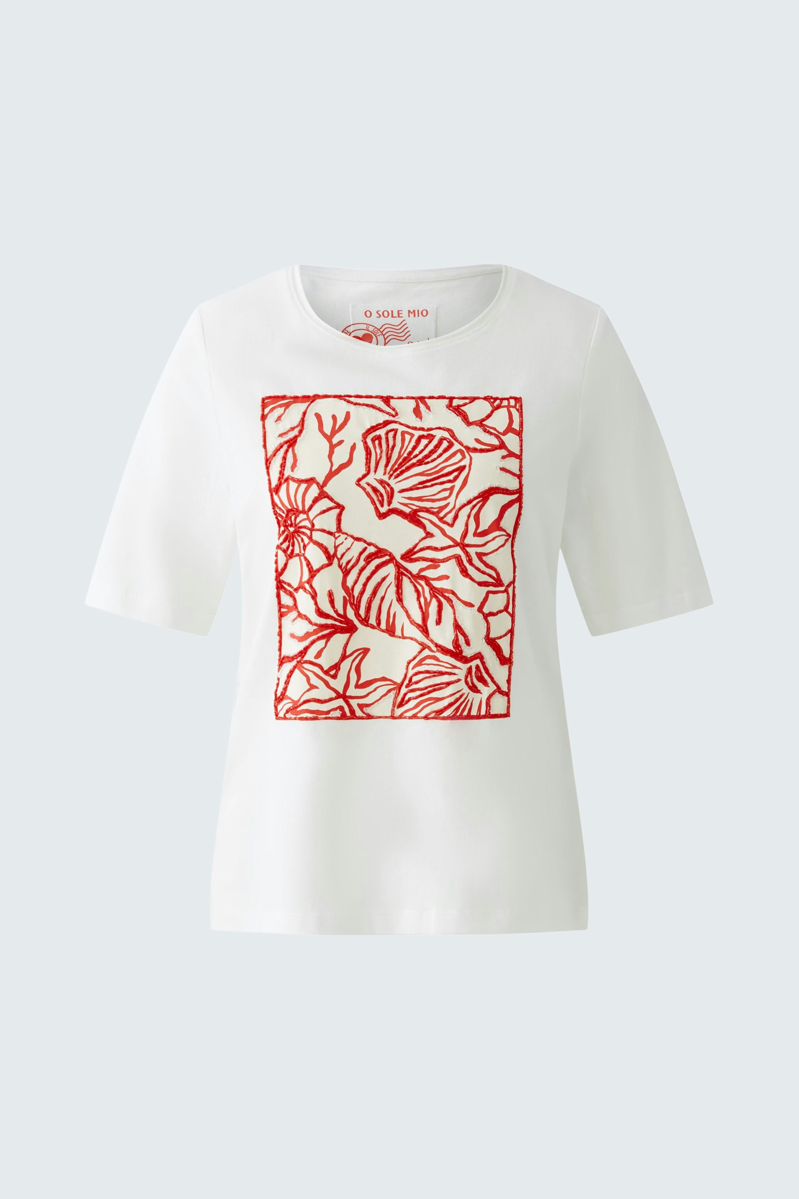 Damen-T-Shirt: Weiße Bluse mit rotem Pflanzenmuster und kurzen Ärmeln, lässig und bequem.