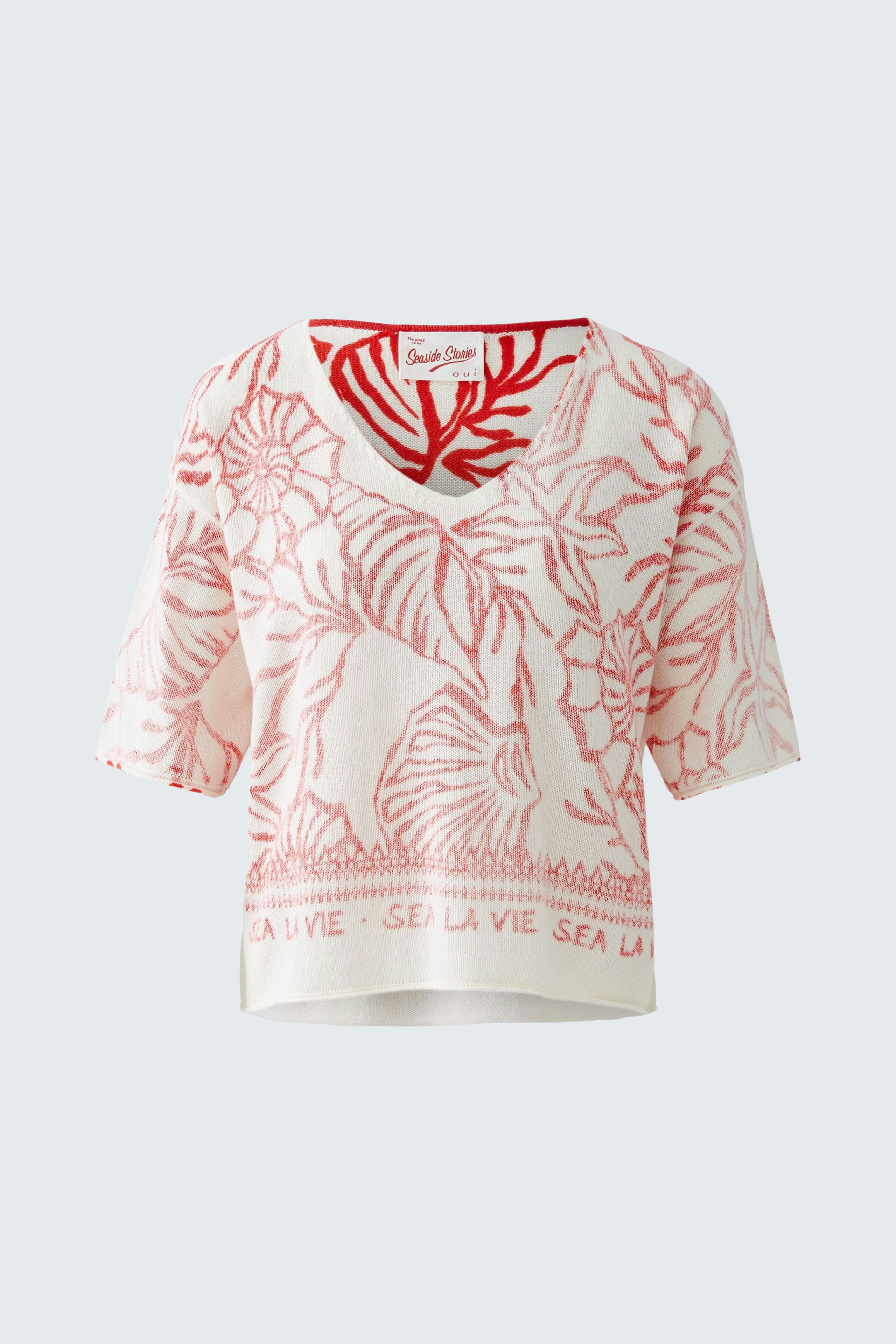 Damen-Pullover in hellem Rot mit floralem Muster und lässigem Schnitt, ideal für den Alltag.