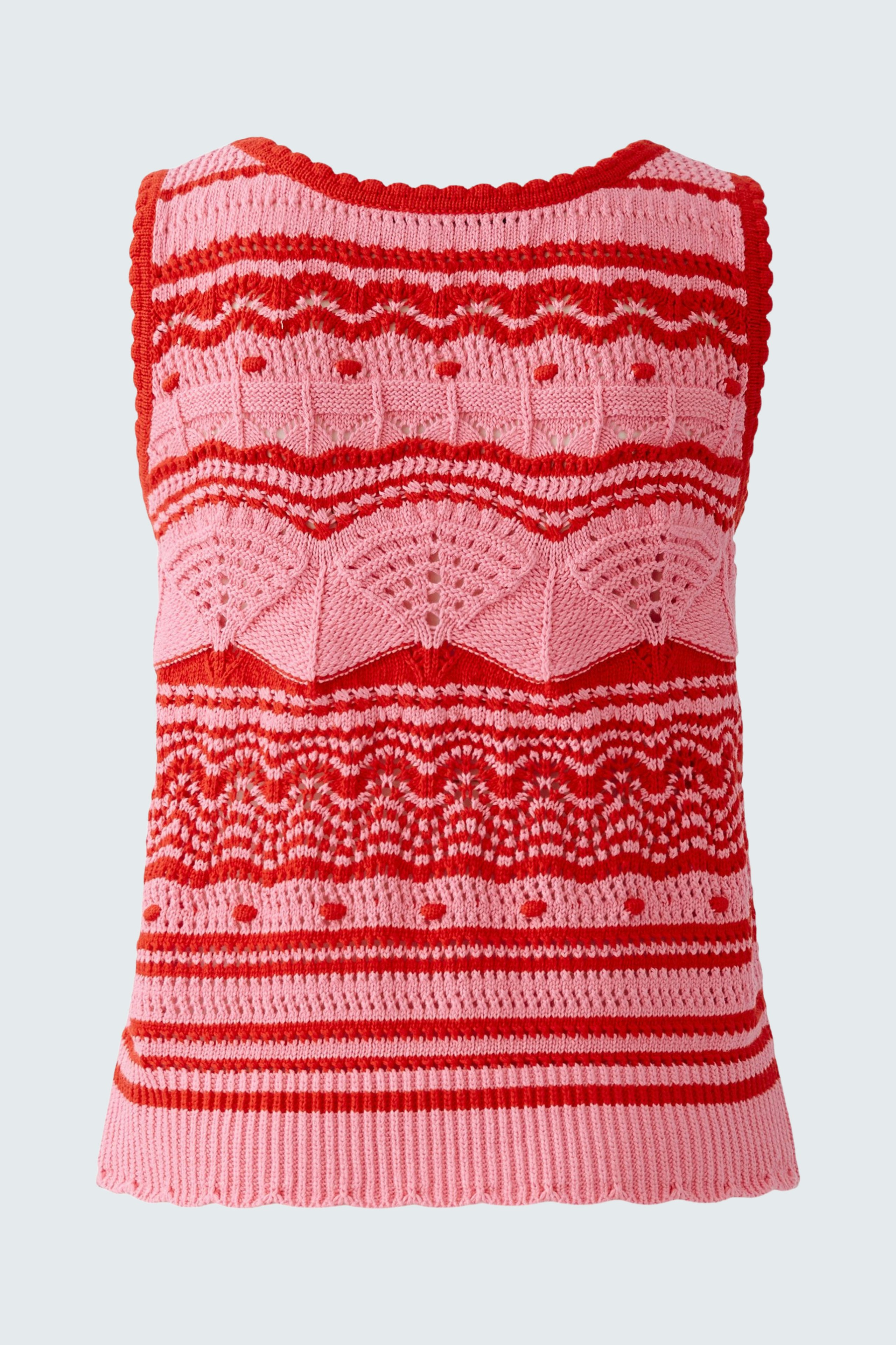 Buntes Damen-Top: Strickoberteil in Rot- und Rosatönen mit strukturiertem Muster.