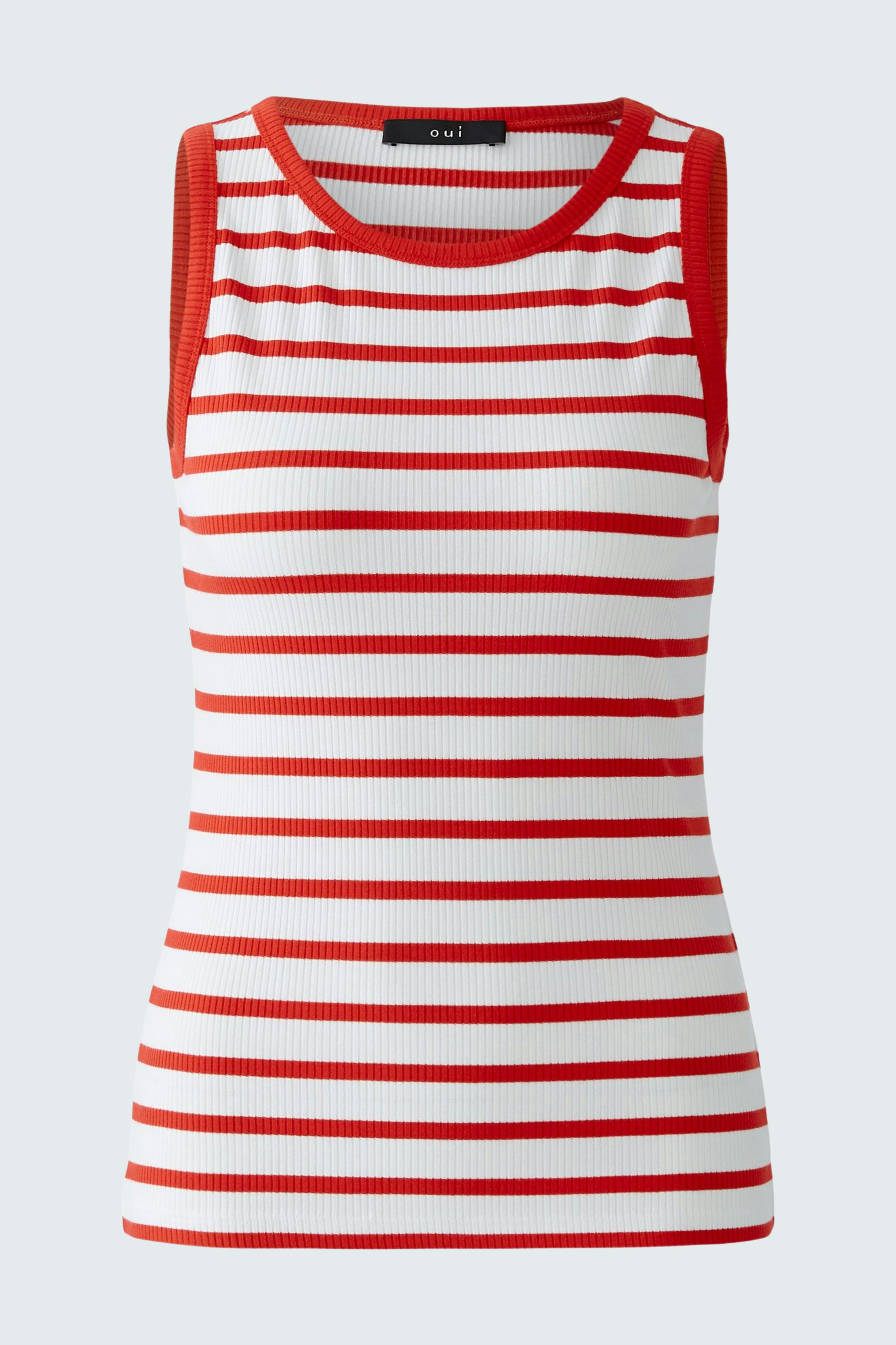 Gestreiftes Damen-Top: Rote und weiße Streifen, ärmellos, lässiger Schnitt, ideal für den Sommer.