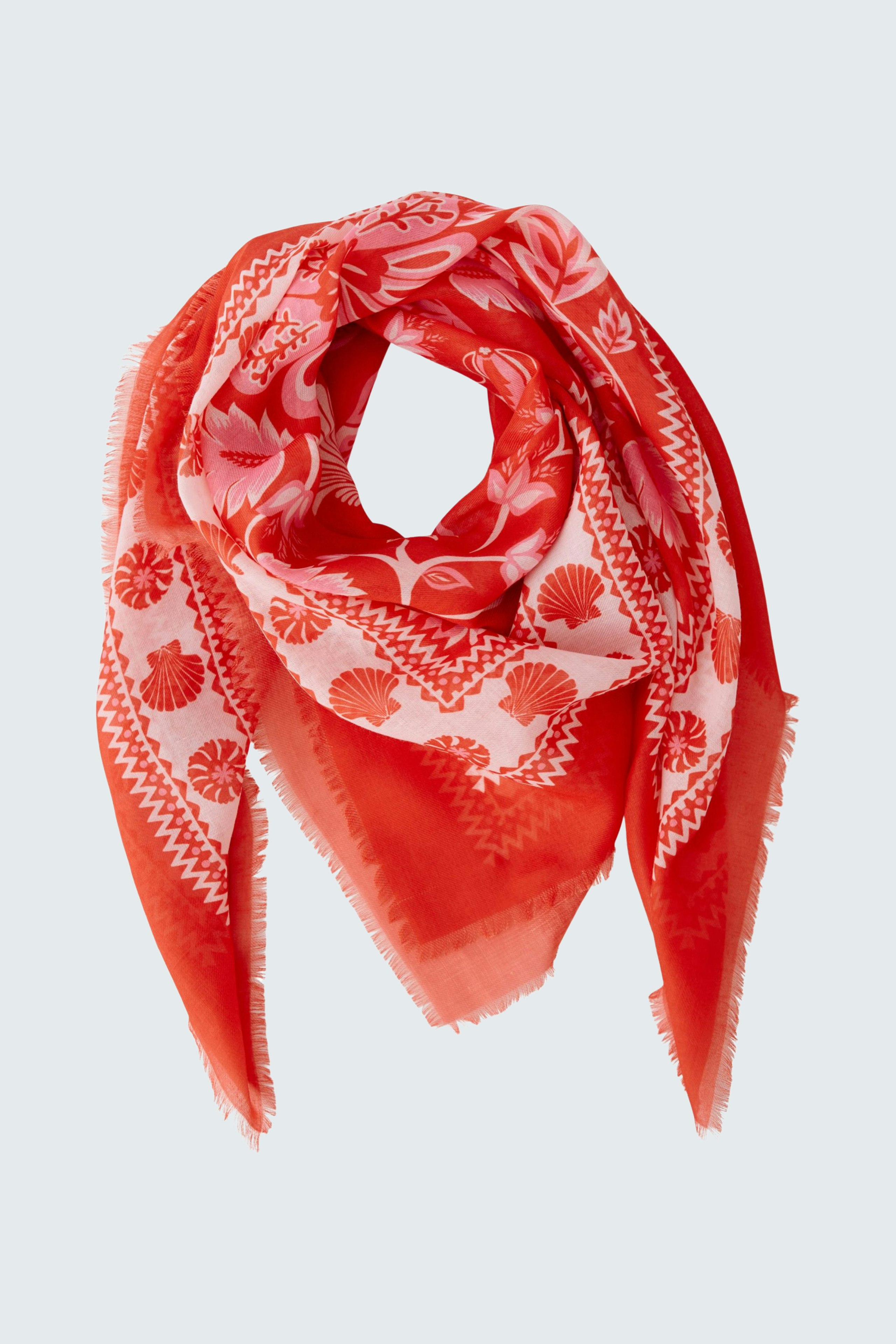Vibrant scarf: A red scarf with floral patterns, perfect for adding a pop of color to any outfit.