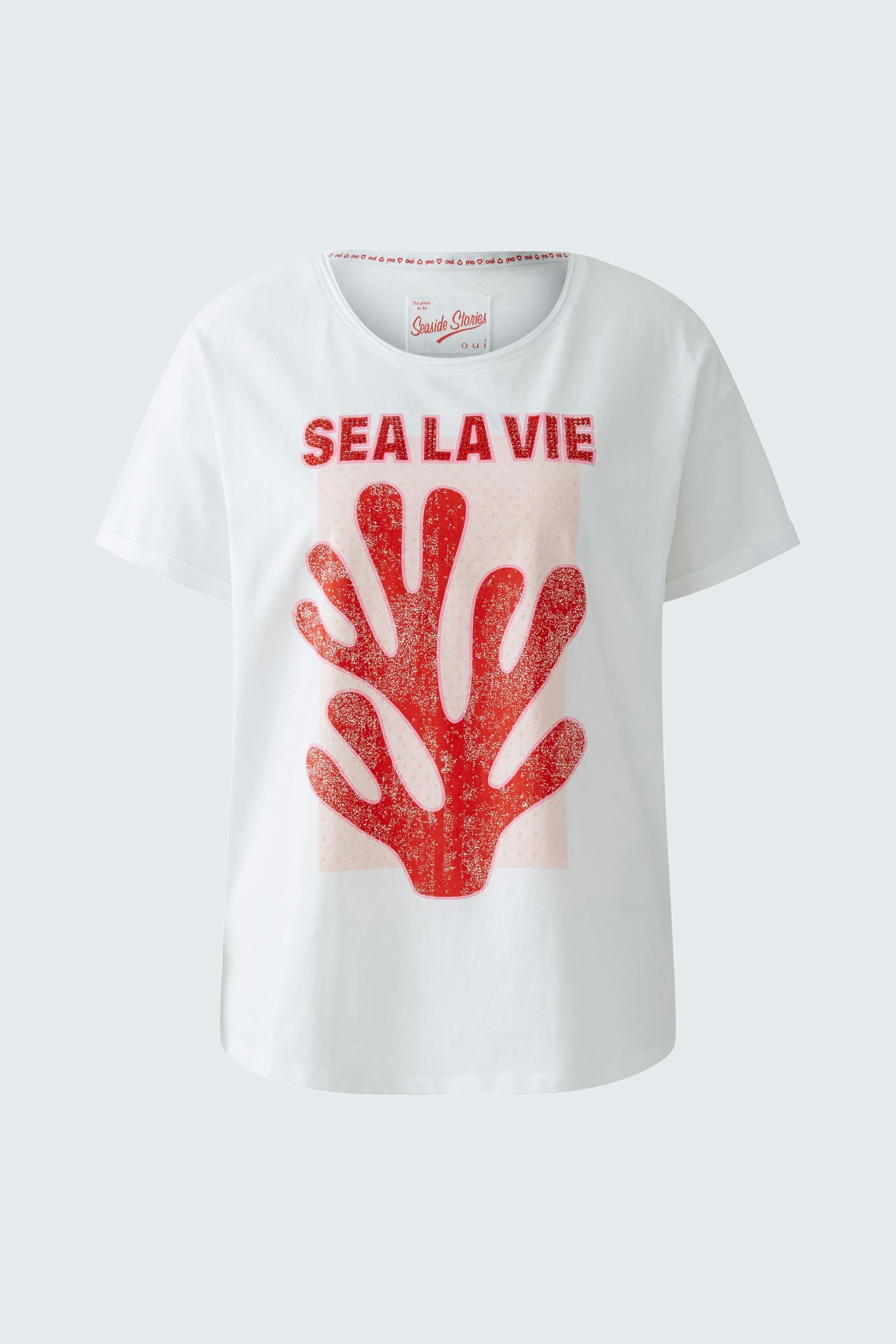 Lässiges Damen-T-Shirt: Weiße Shirt mit rotem Korallen-Print und Schriftzug "SEA LA VIE".