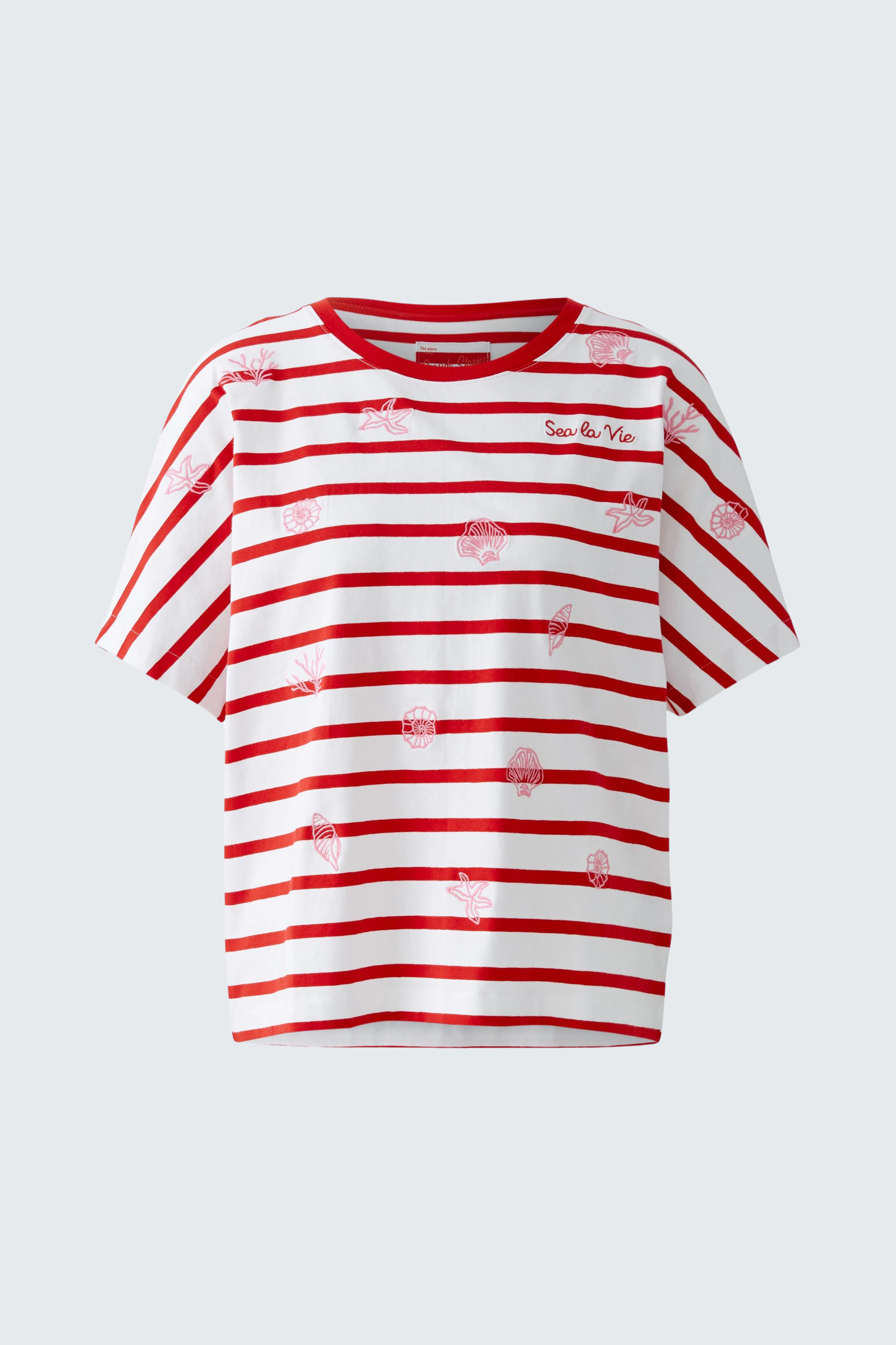 Lässiges Damen-T-Shirt: Rote und weiße gestreifte Bluse mit lockerer Passform und floralem Print.