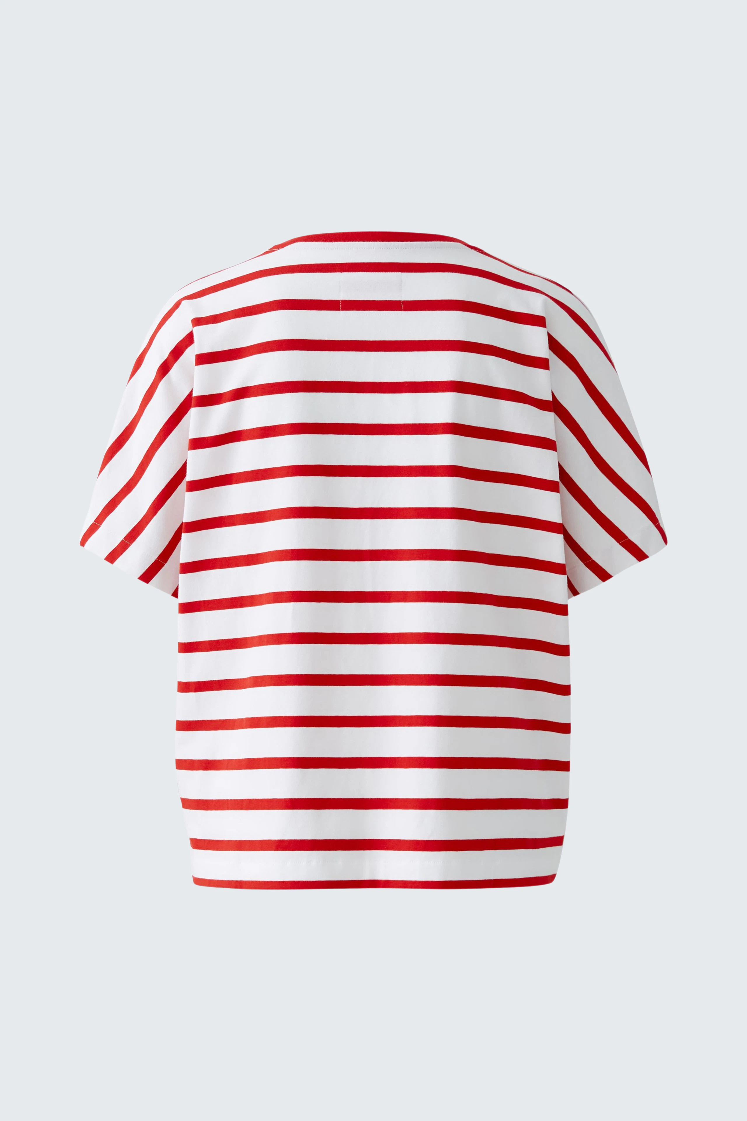 Damen-T-Shirt: Rotes und weißes gestreiftes Shirt mit lässigem Schnitt und kurzen Ärmeln.