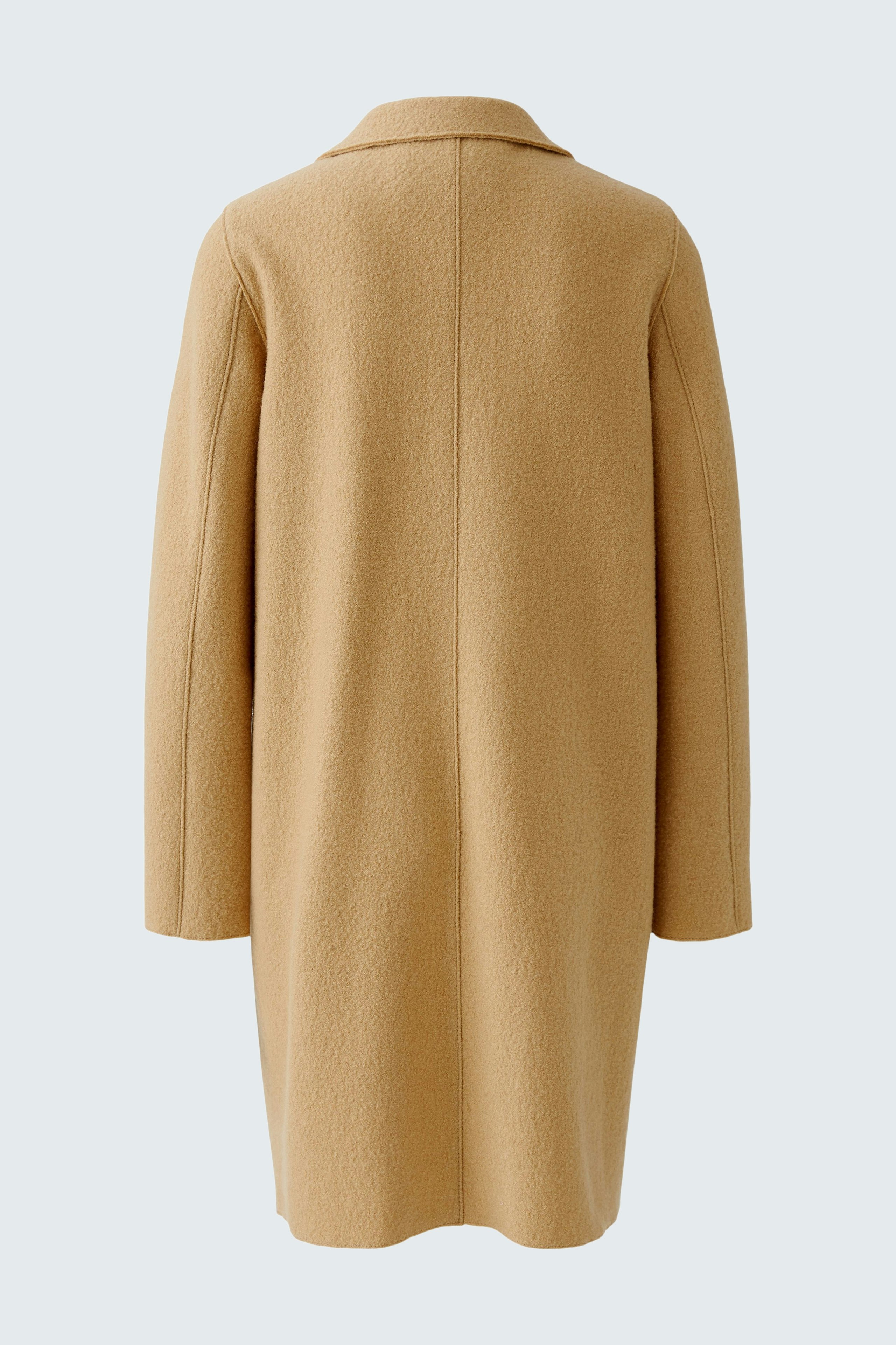 Casual women's wool coat in warm beige, featuring a relaxed fit and simple design.