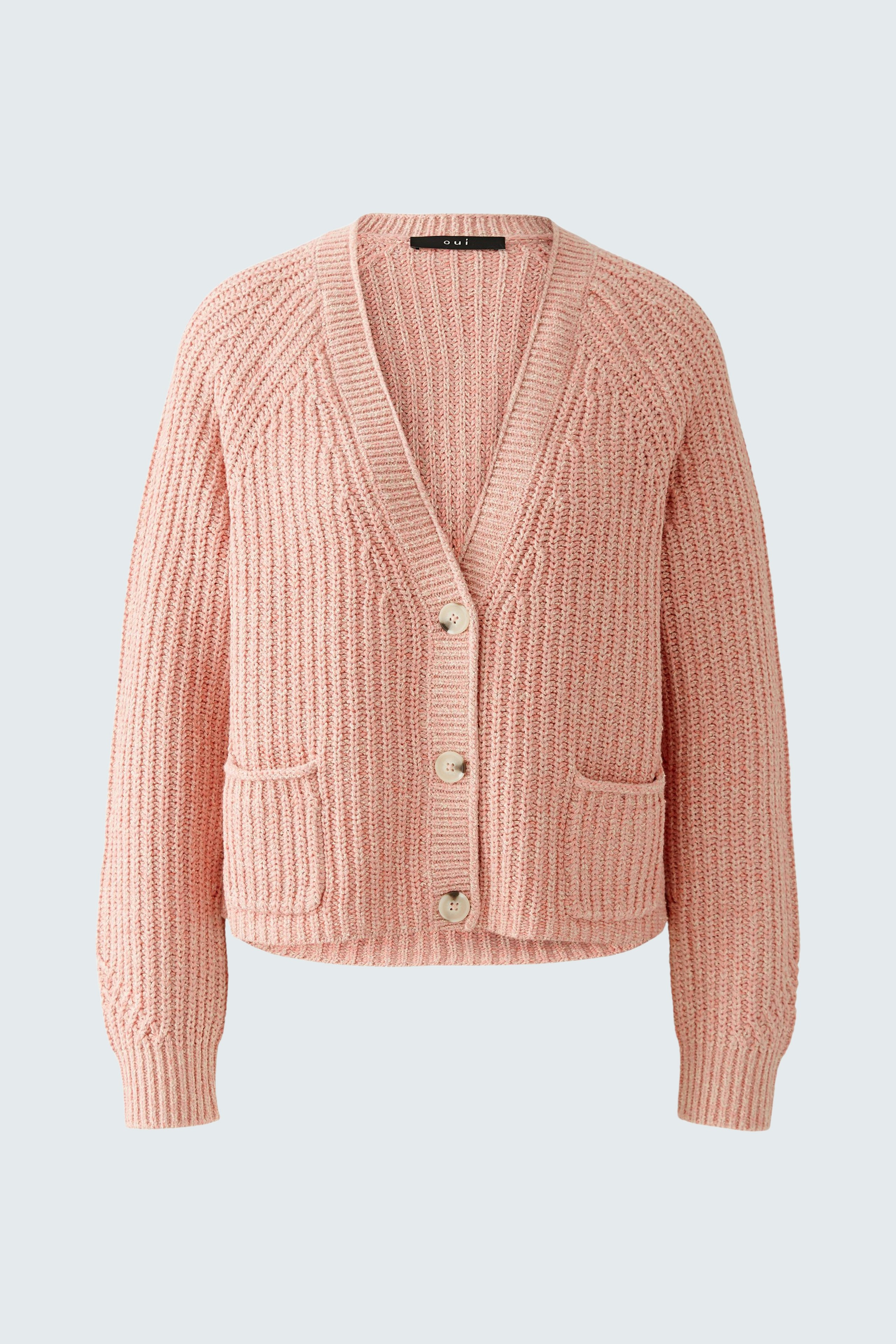Cozy women's cardigan in soft pink with a relaxed fit and button closure.