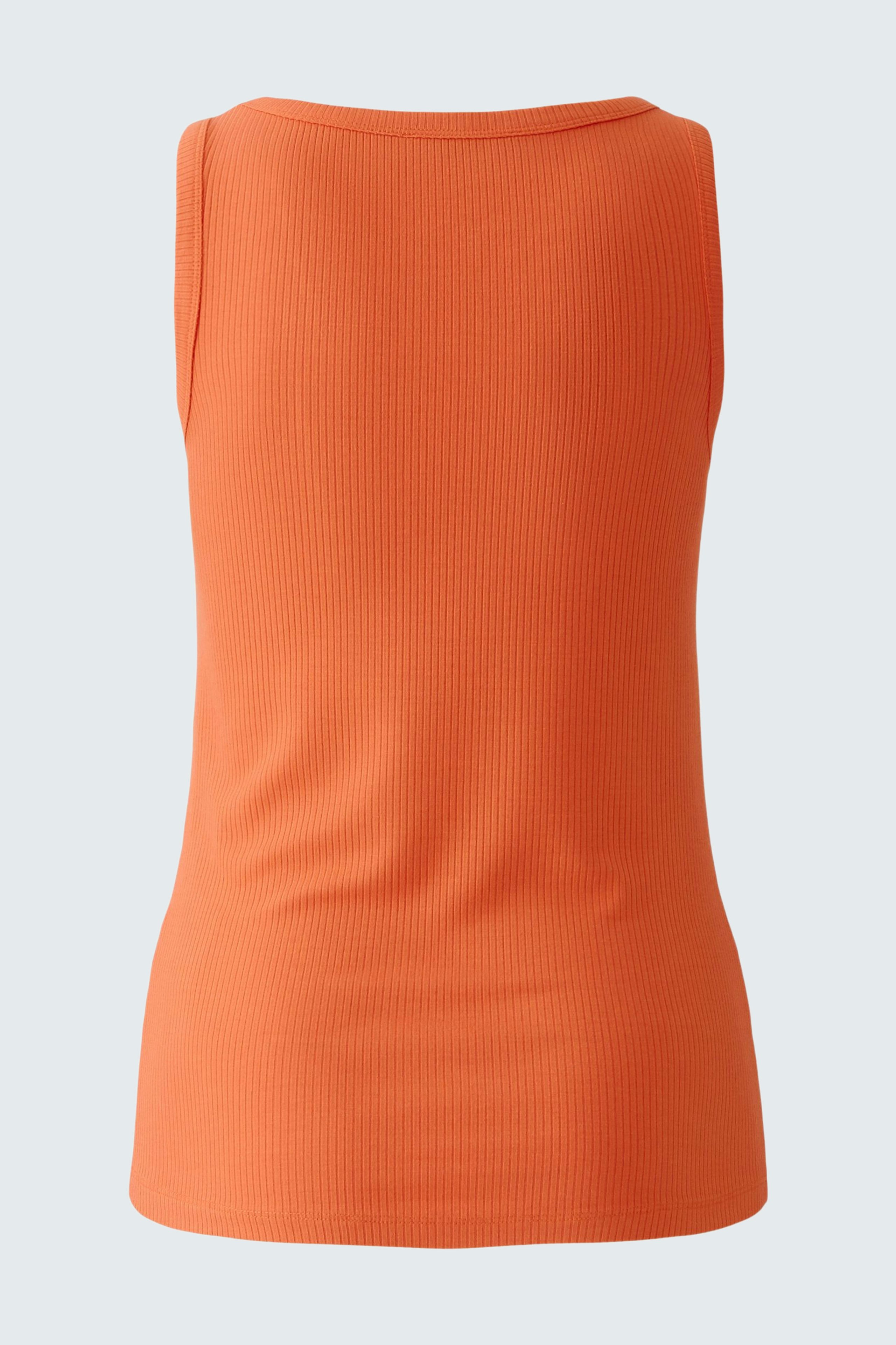 Bequeme Damen-Top: Rückansicht eines orangen Tops mit schmalen Trägern, ideal für den Sommer.