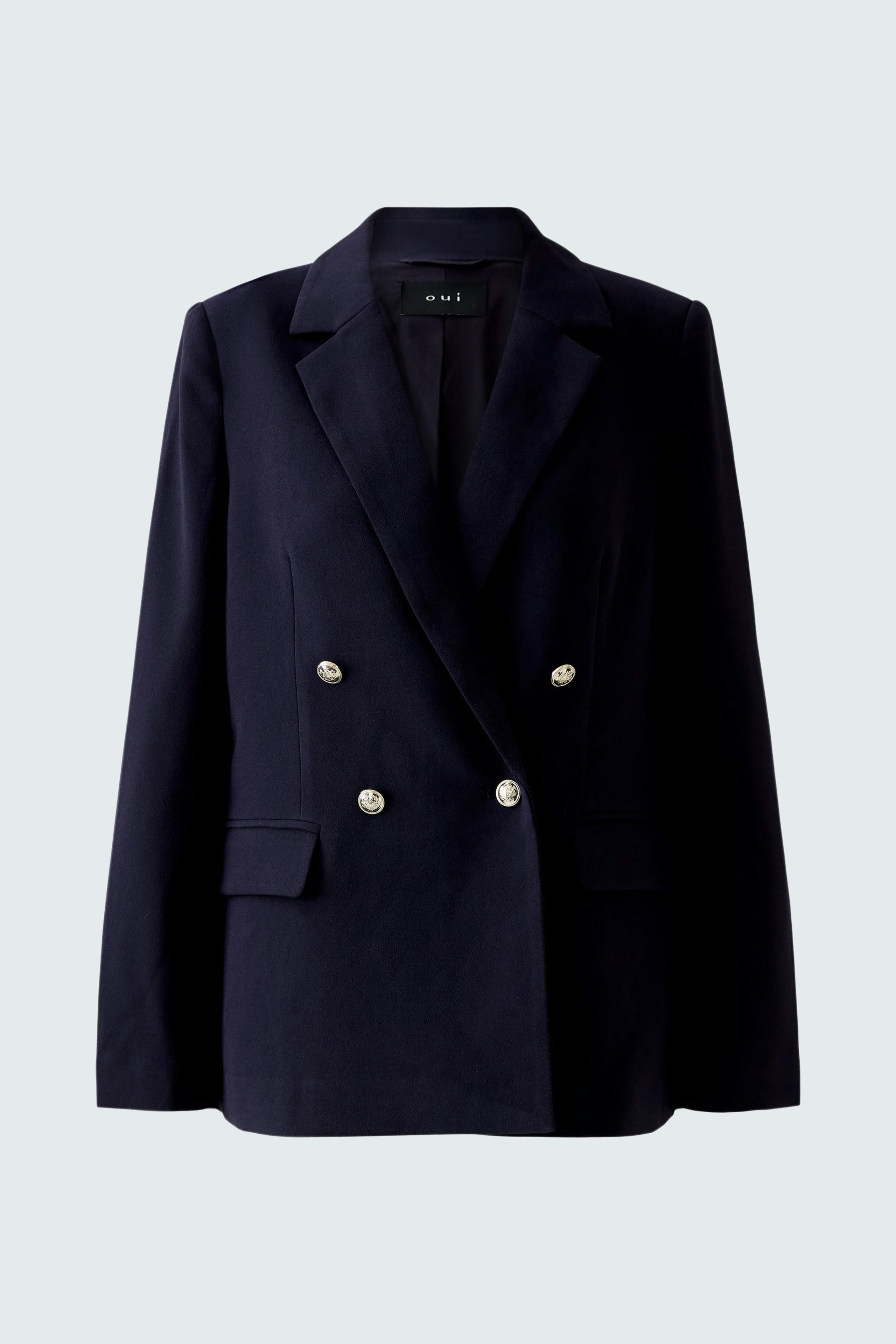 Eleganter Damen-Blazer in Dunkelblau mit doppelter Knopfleiste und klassischem Schnitt.