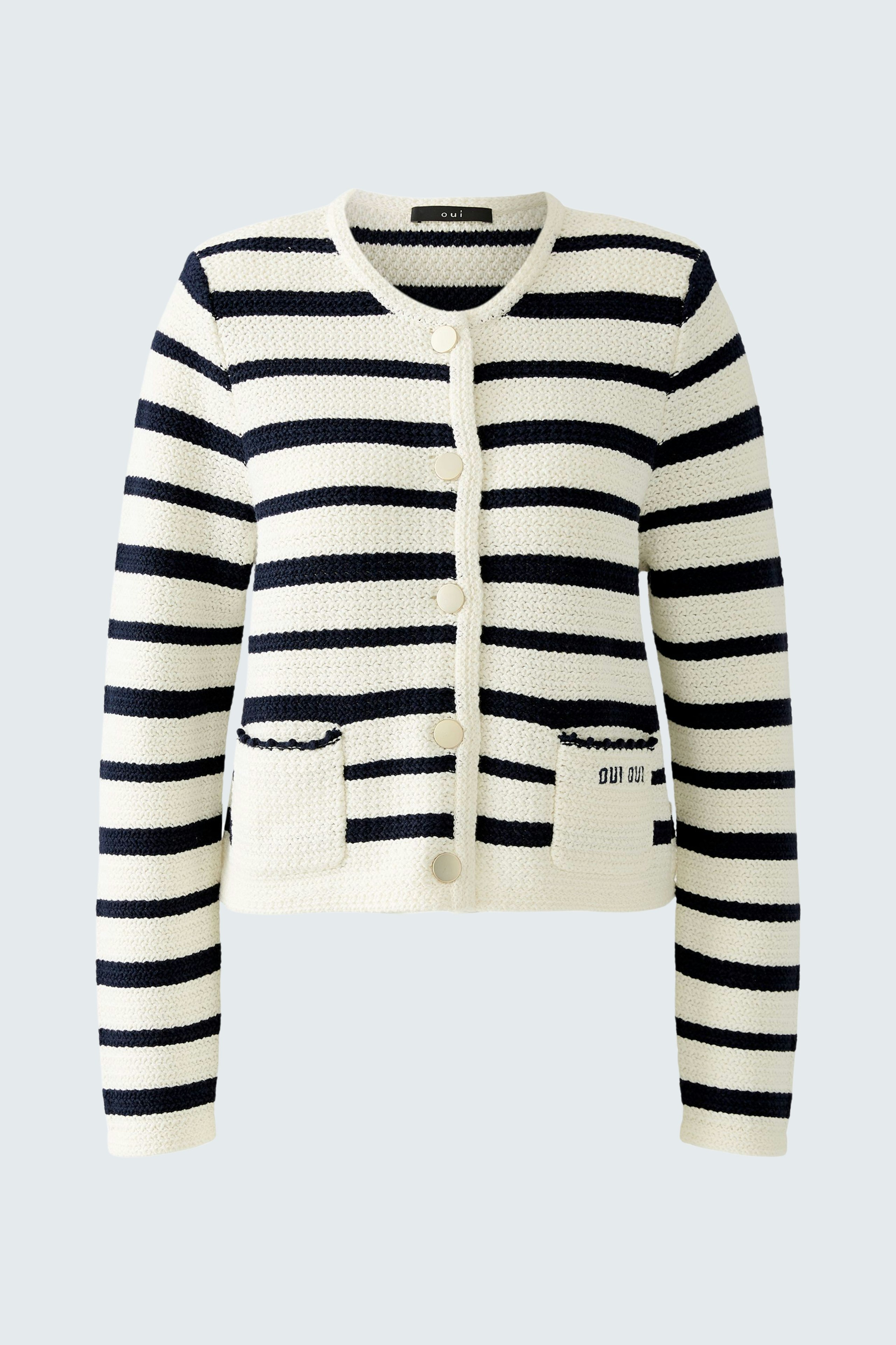 Stylish women's cardigan: A navy and white striped knit cardigan with pockets.