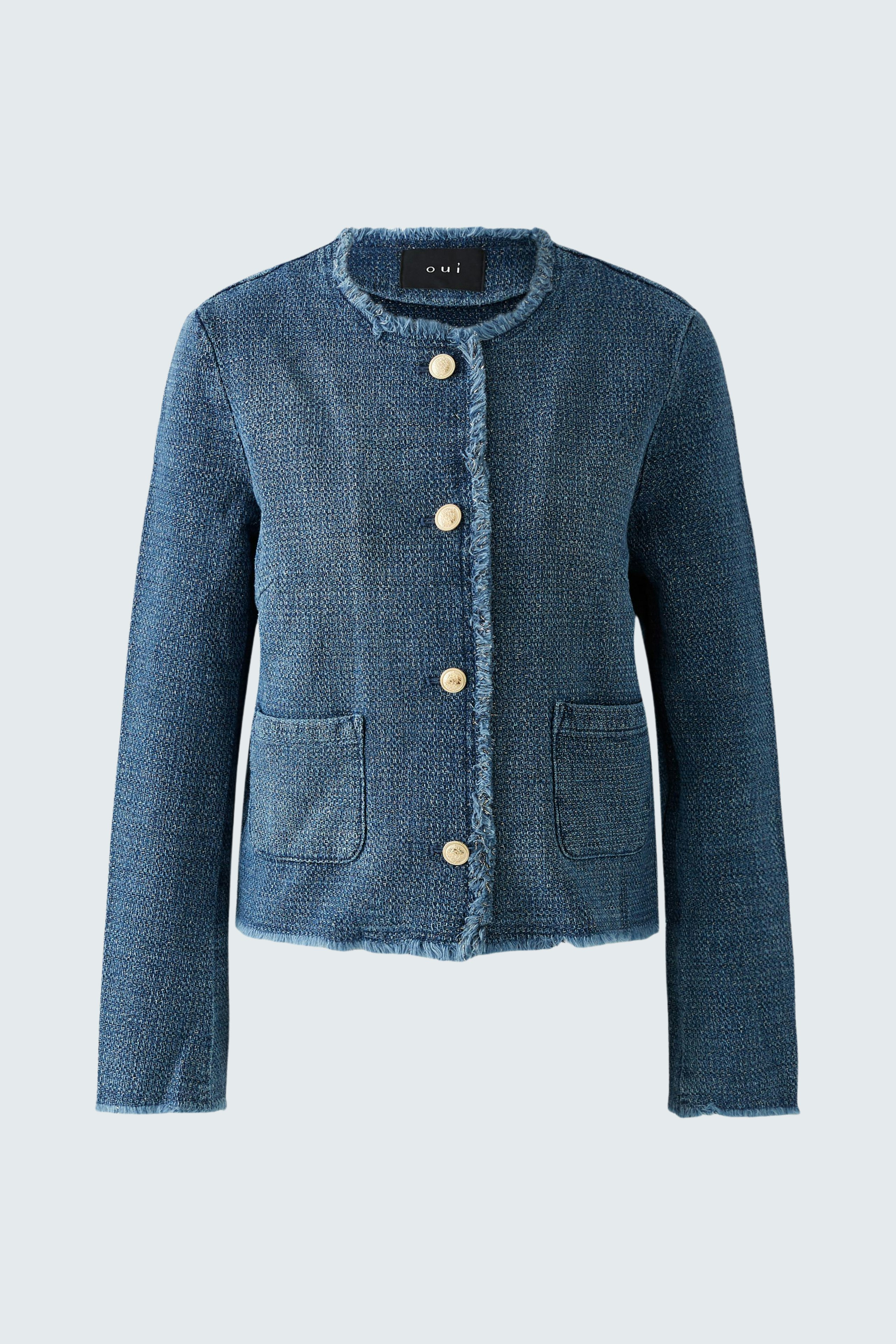 Stylish women's jacket in blue with buttons and pockets, perfect for casual outfits.