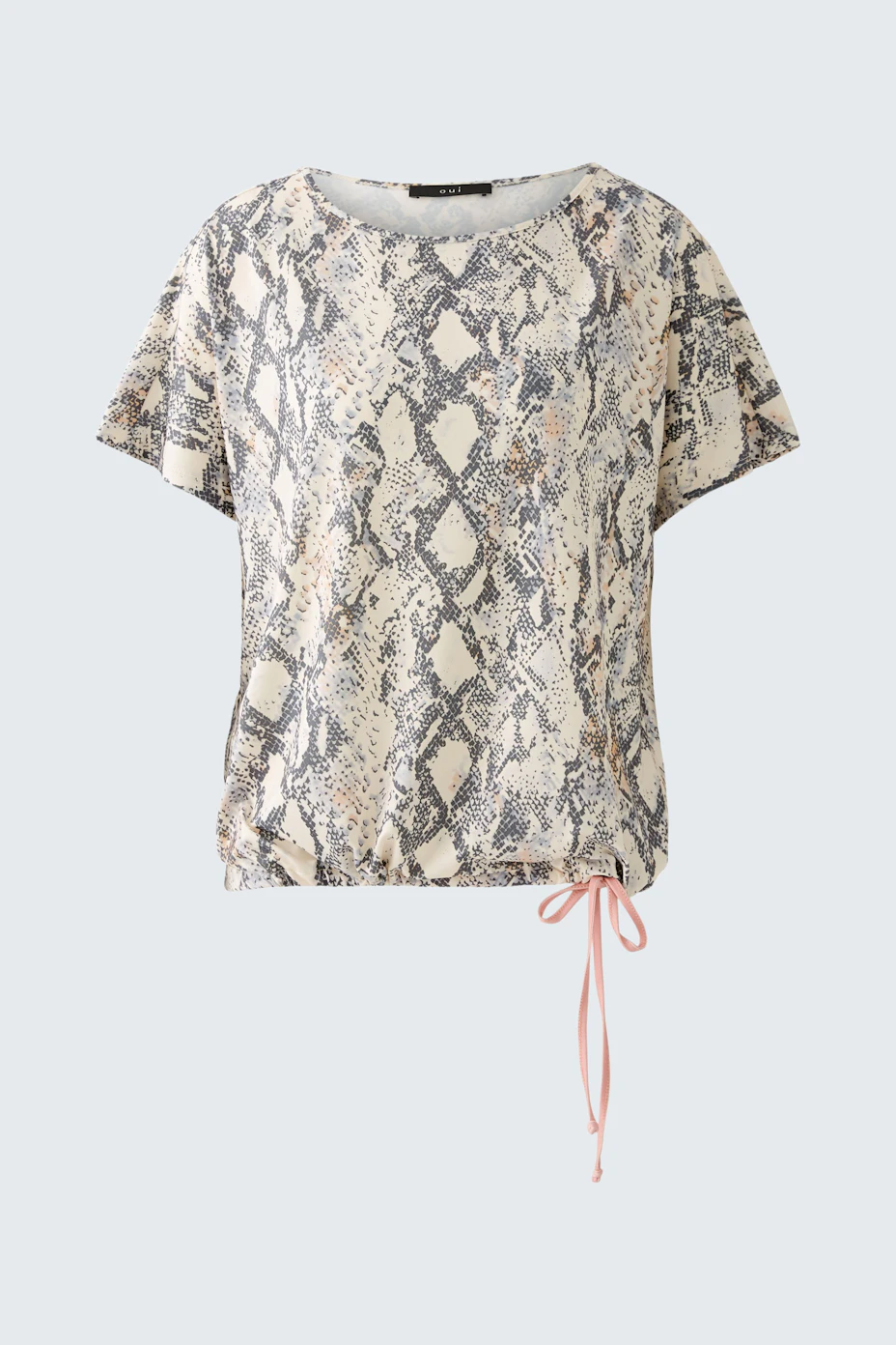 Stylish women's T-shirt: A woman in a trendy snake print top with a pink tie detail.