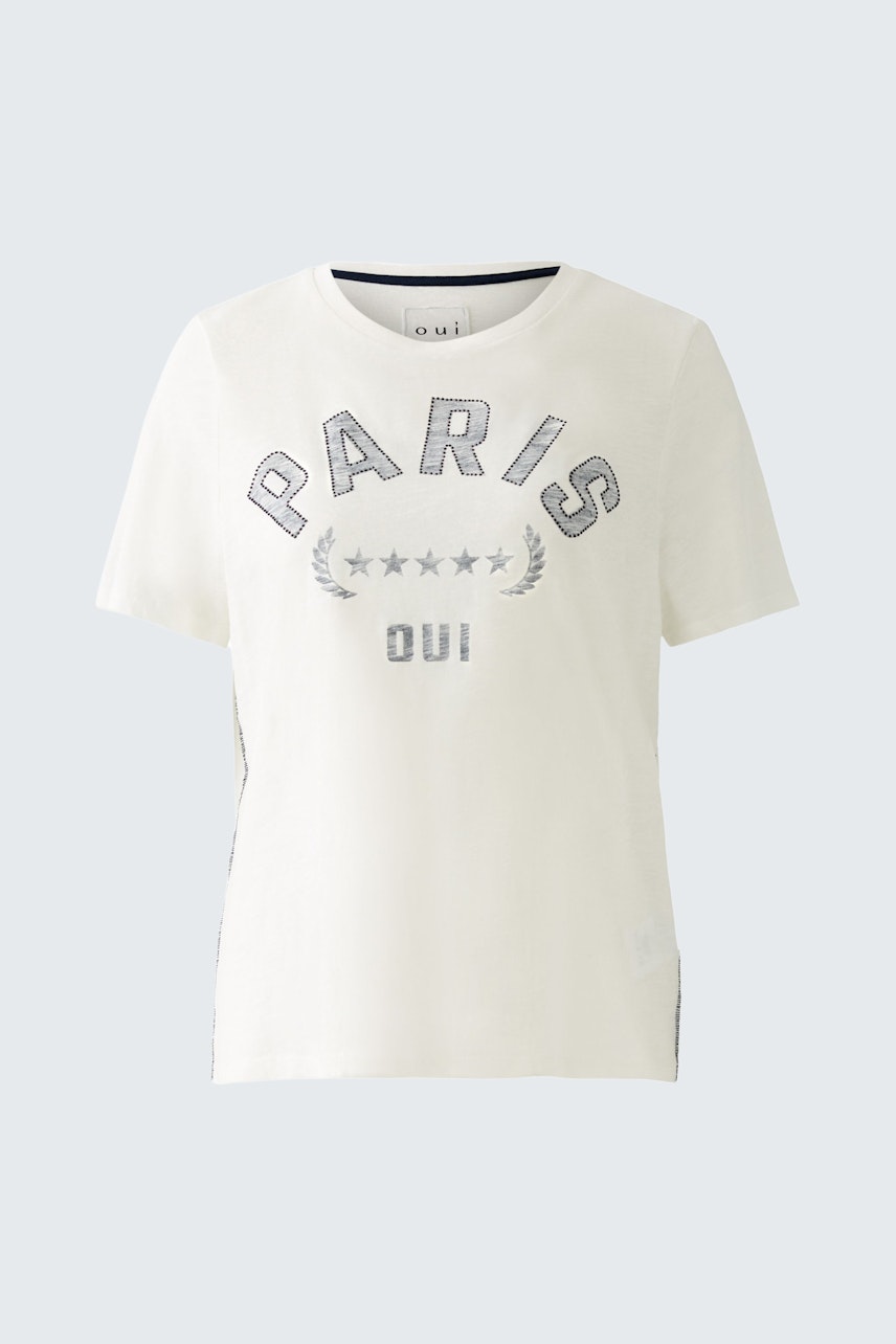 Stylish women's T-shirt: Cream top with 'PARIS OUI' print, perfect for casual wear.