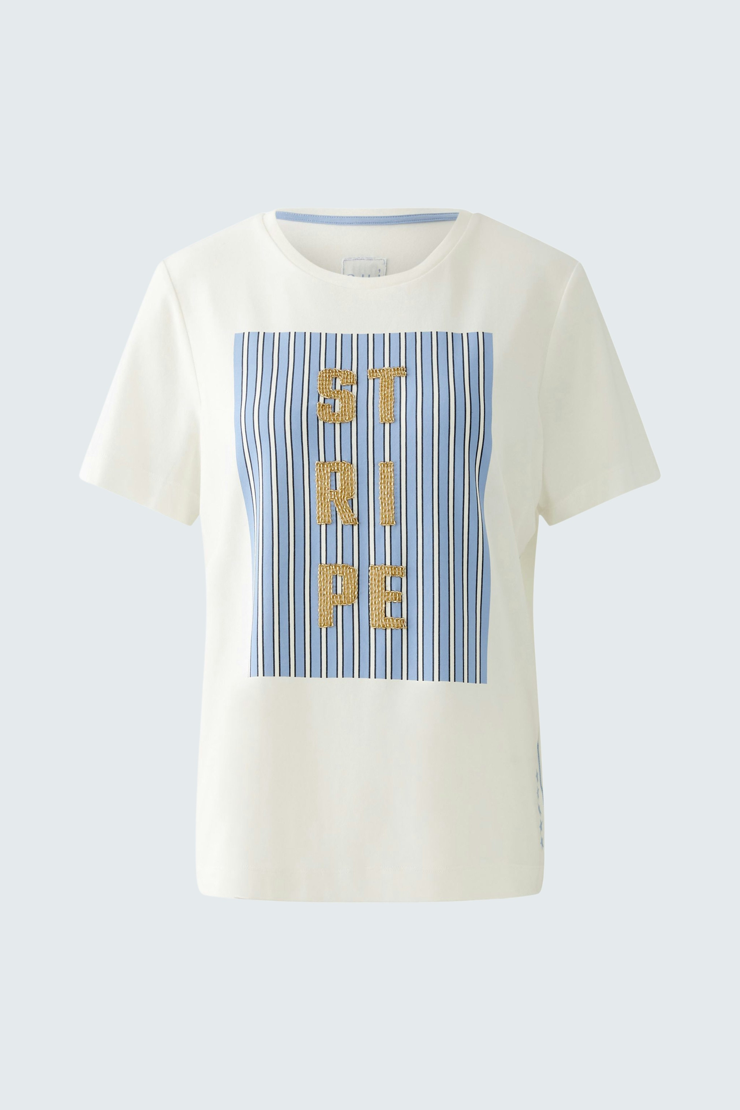 Stylish women's T-shirt: White top with blue striped graphic design, perfect for casual wear.
