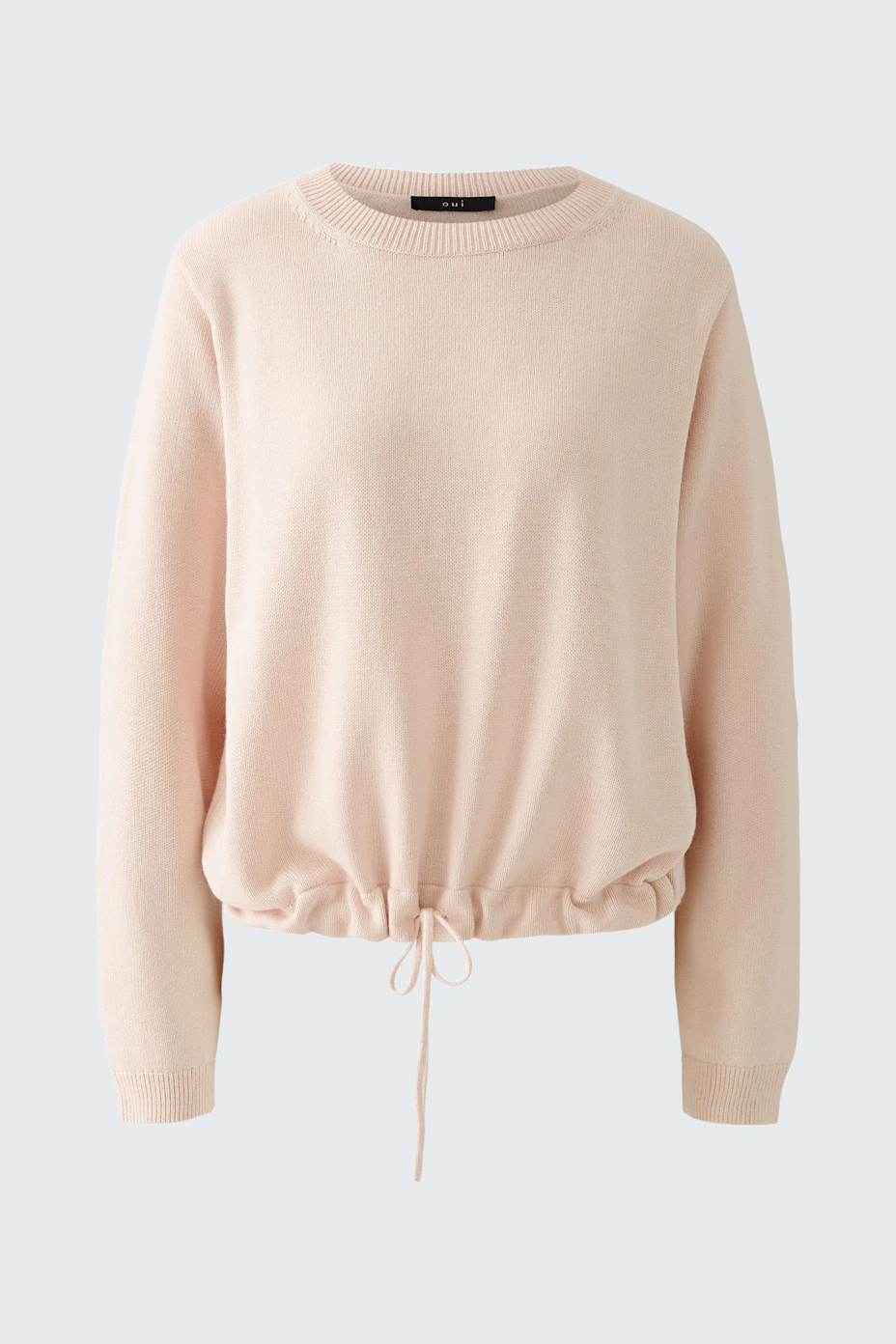 Bequemer Damen-Pullover in zartem Rosa mit Kordelzug für einen lässigen Look.