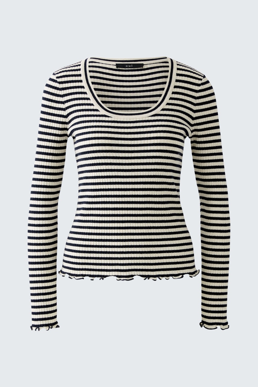 Damen-Pullover: Schwarz-weißer, gestreifter Pullover mit Rundhalsausschnitt und langem Arm.