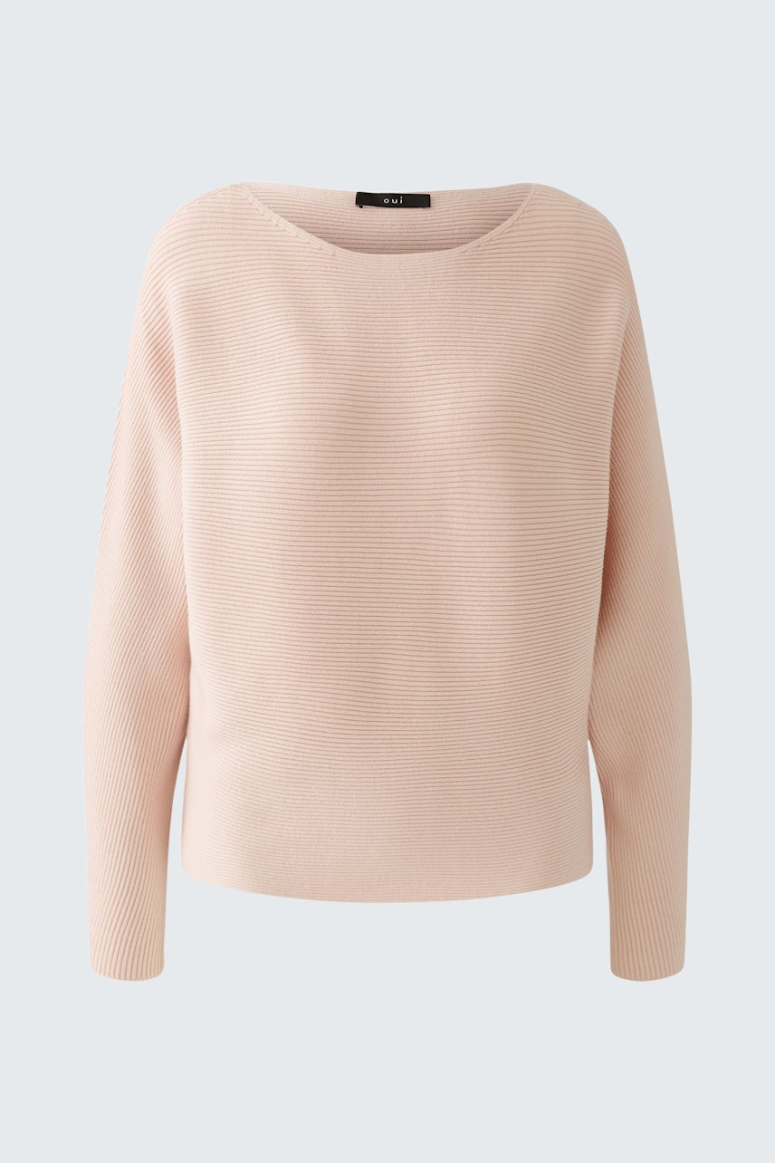Soft pink pullover with a relaxed fit and wide neckline, perfect for casual wear.