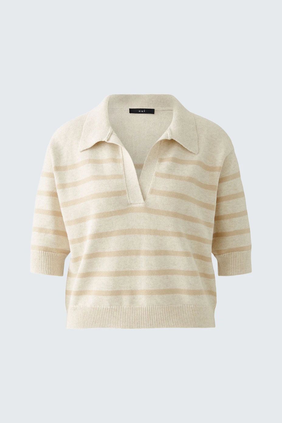 Beiger Damen-Pullover mit Streifen und kurzem Kragen, ideal für lässige Anlässe.