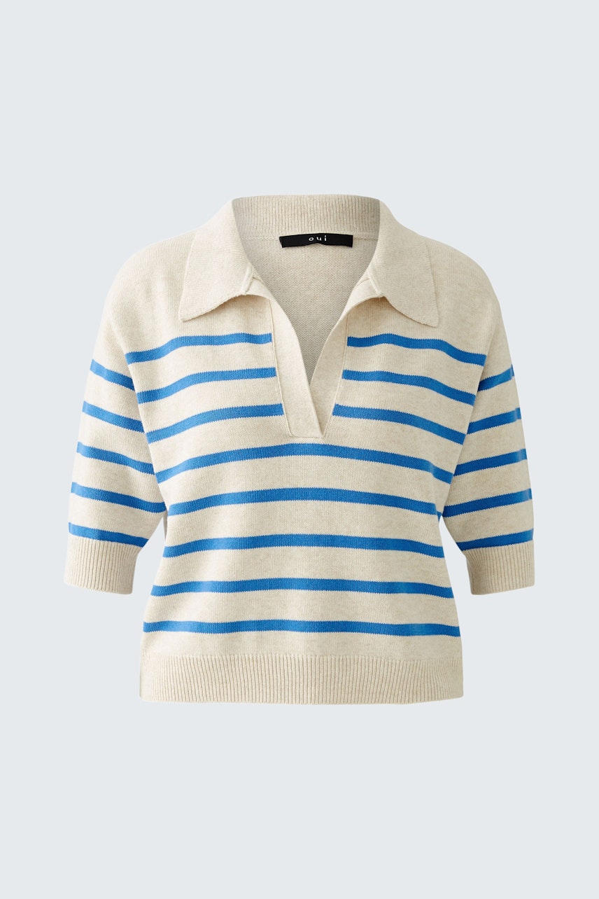 Stylish women's pullover: Cream with blue stripes, featuring a collar and short sleeves.