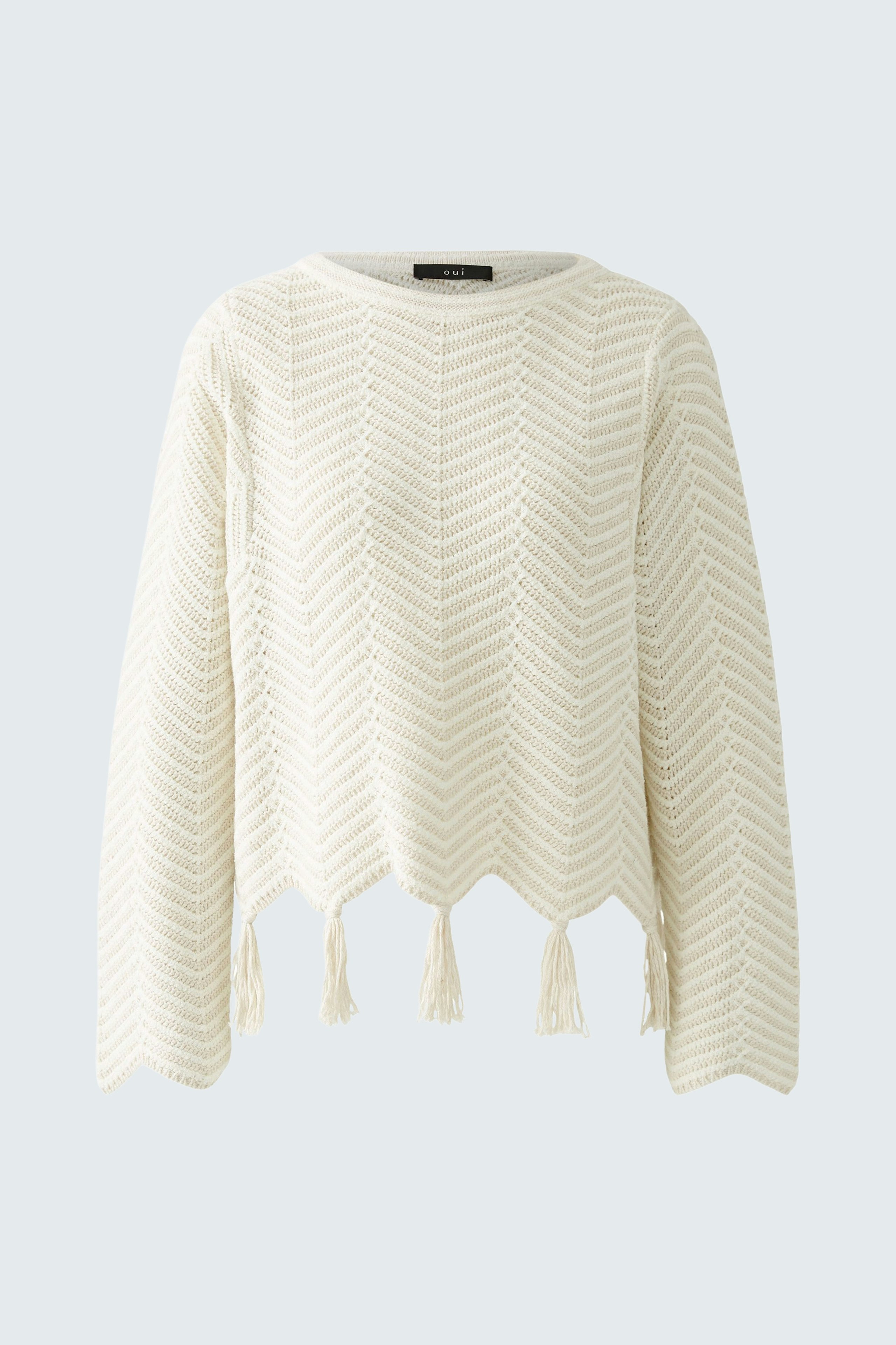 Heller Damen-Pullover mit Zickzackmuster und fransigen Säumen, ideal für lässige Outfits.