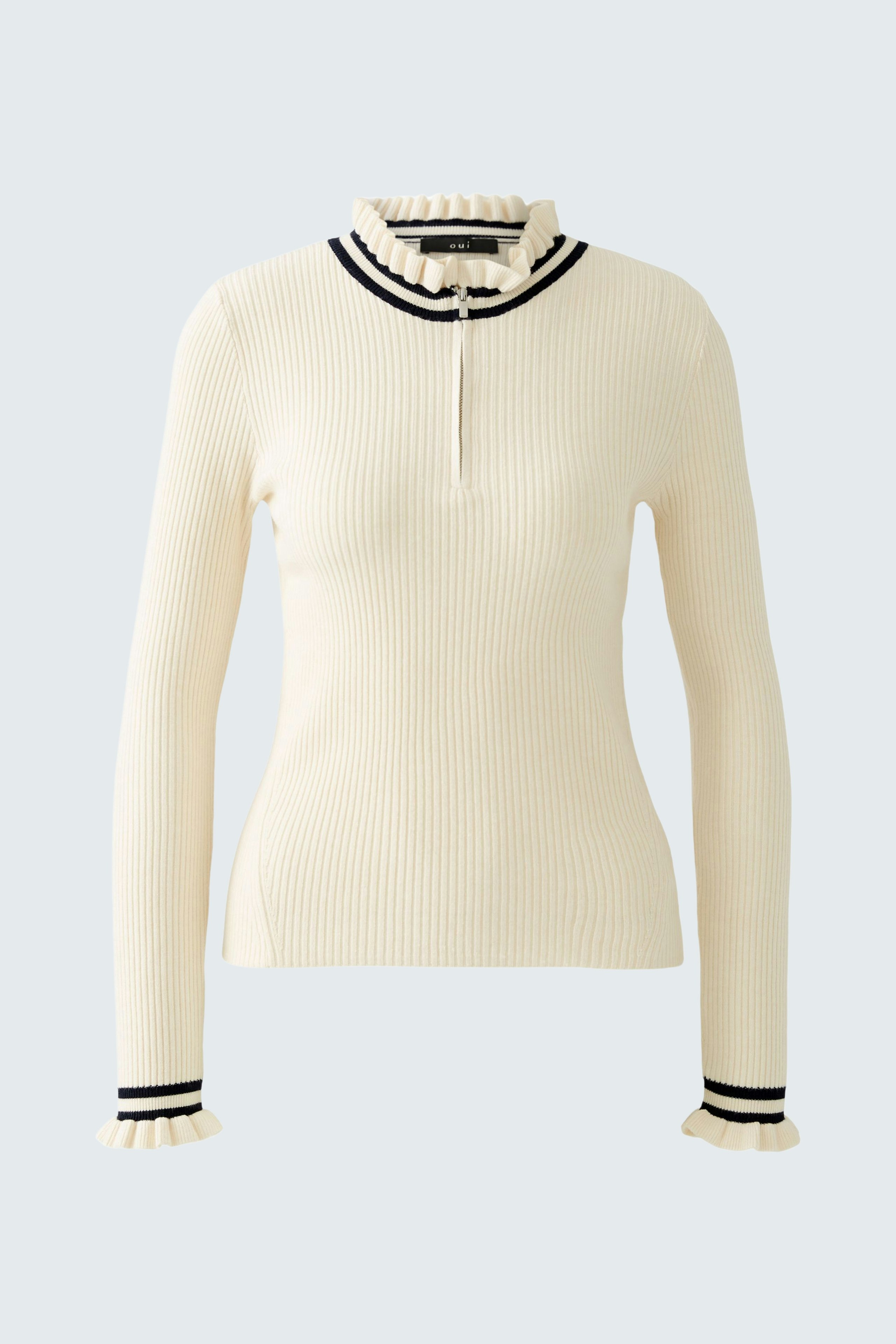 Eleganter Damen-Pullover in Creme mit Stehkragen und kontrastierenden Streifen.