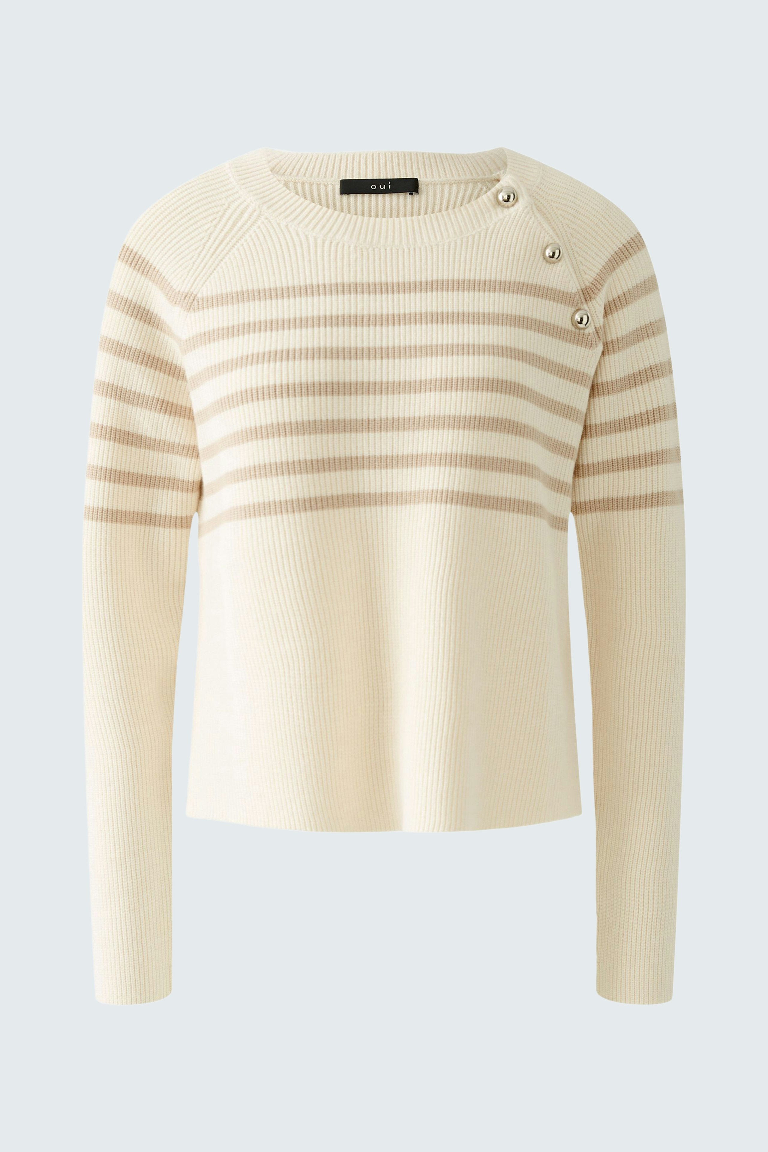 Eleganter Damen-Pullover in Creme mit Streifen und Knöpfen, ideal für einen lässigen Look.