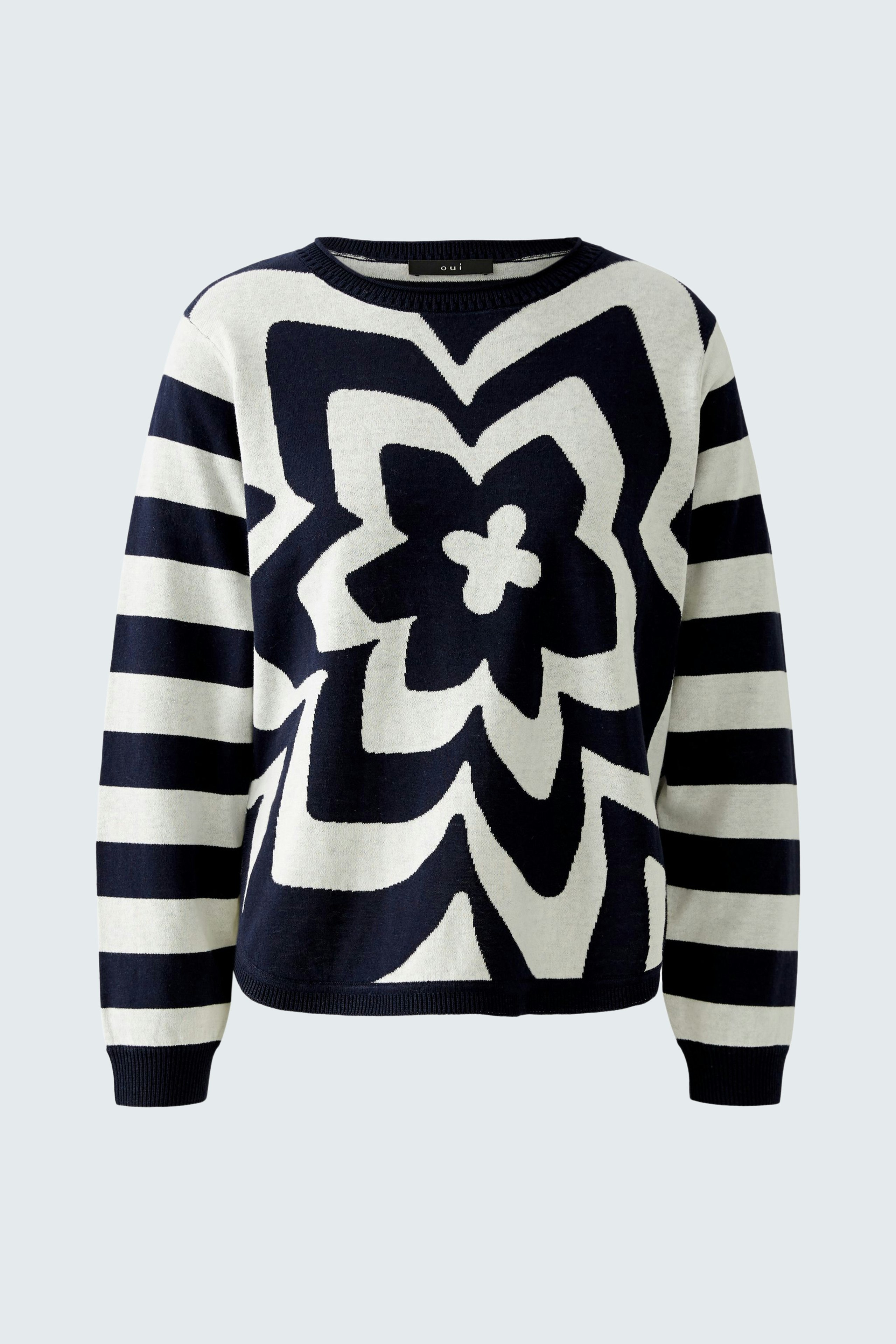 Stylish women's pullover: Navy and white striped design with floral pattern, perfect for casual wear.