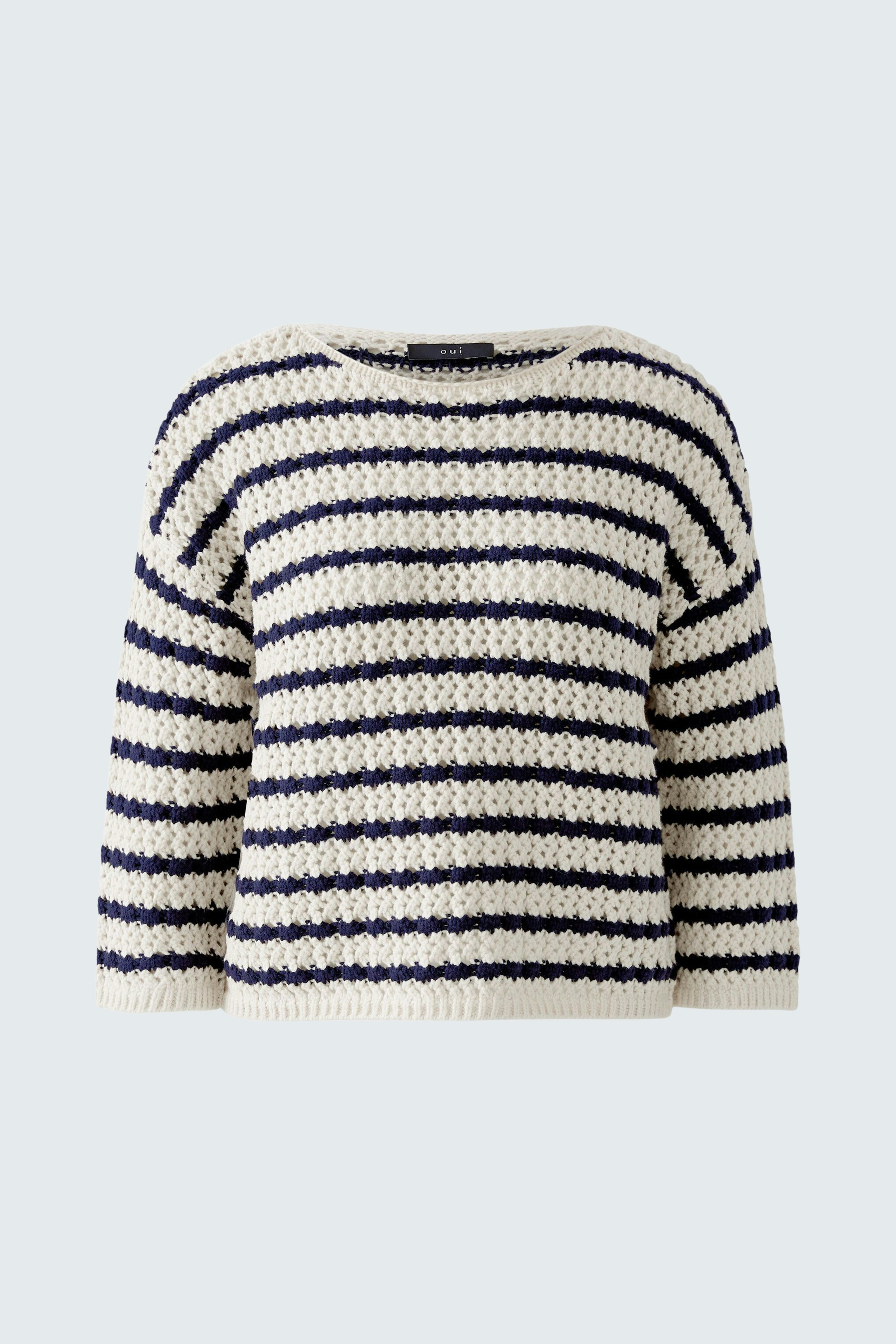 Gestreifter Damen-Pullover in Creme und Marineblau, lässig und bequem für jeden Anlass.