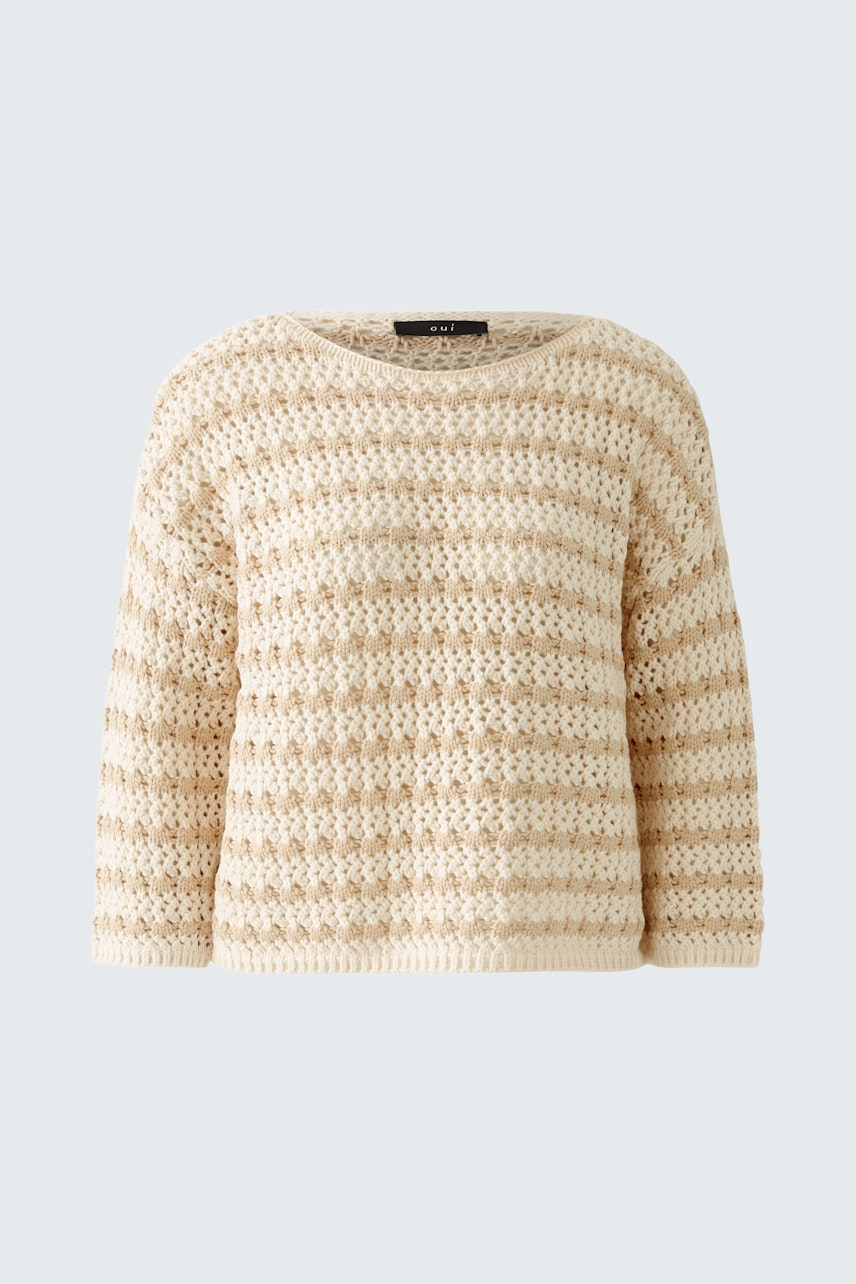Beiger Damen-Pullover: Lässiger, gestreifter Strickpullover mit weitem Schnitt und Rundhalsausschnitt.