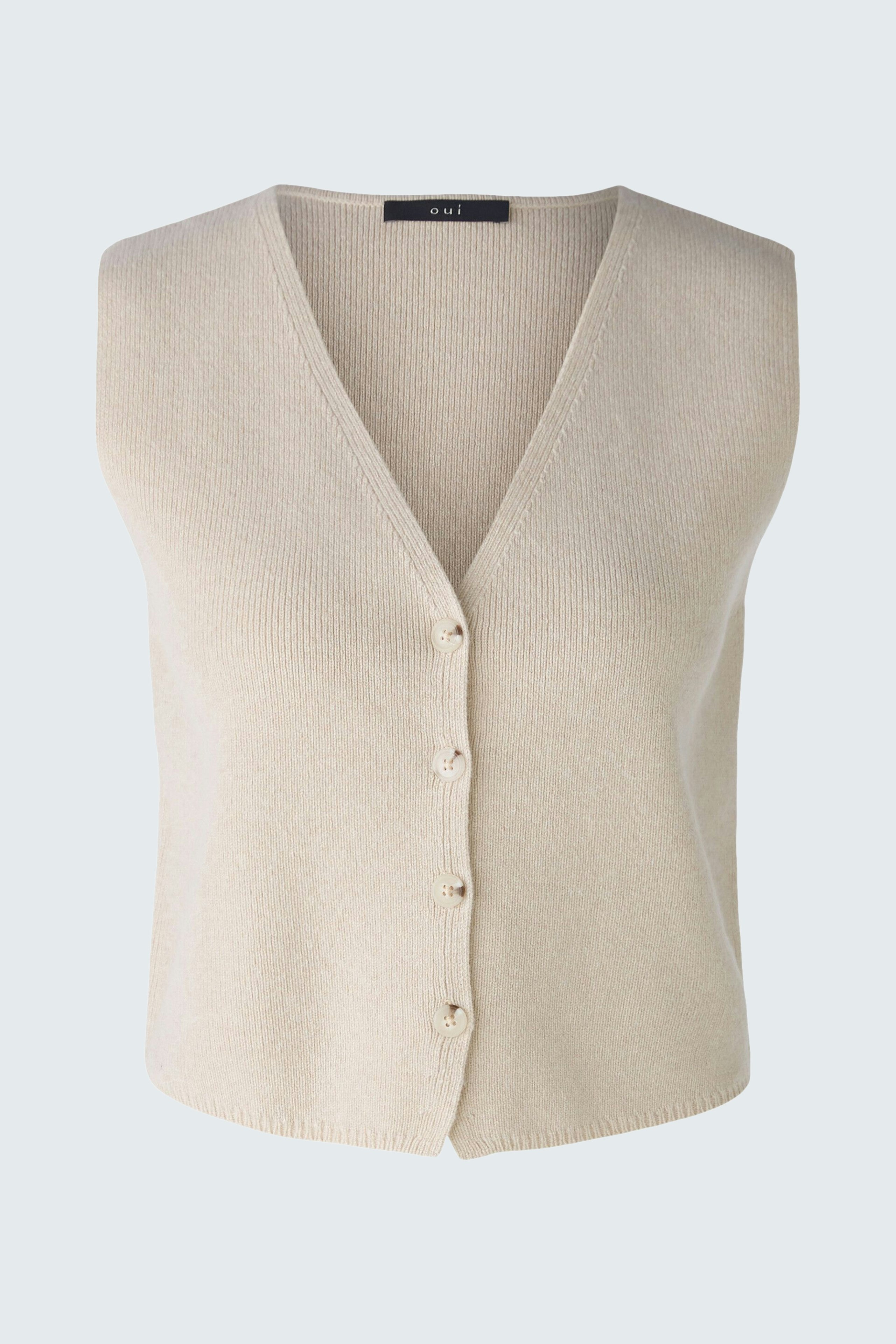 Elegant women's pullover: Soft beige sleeveless cardigan with buttons, perfect for layering.