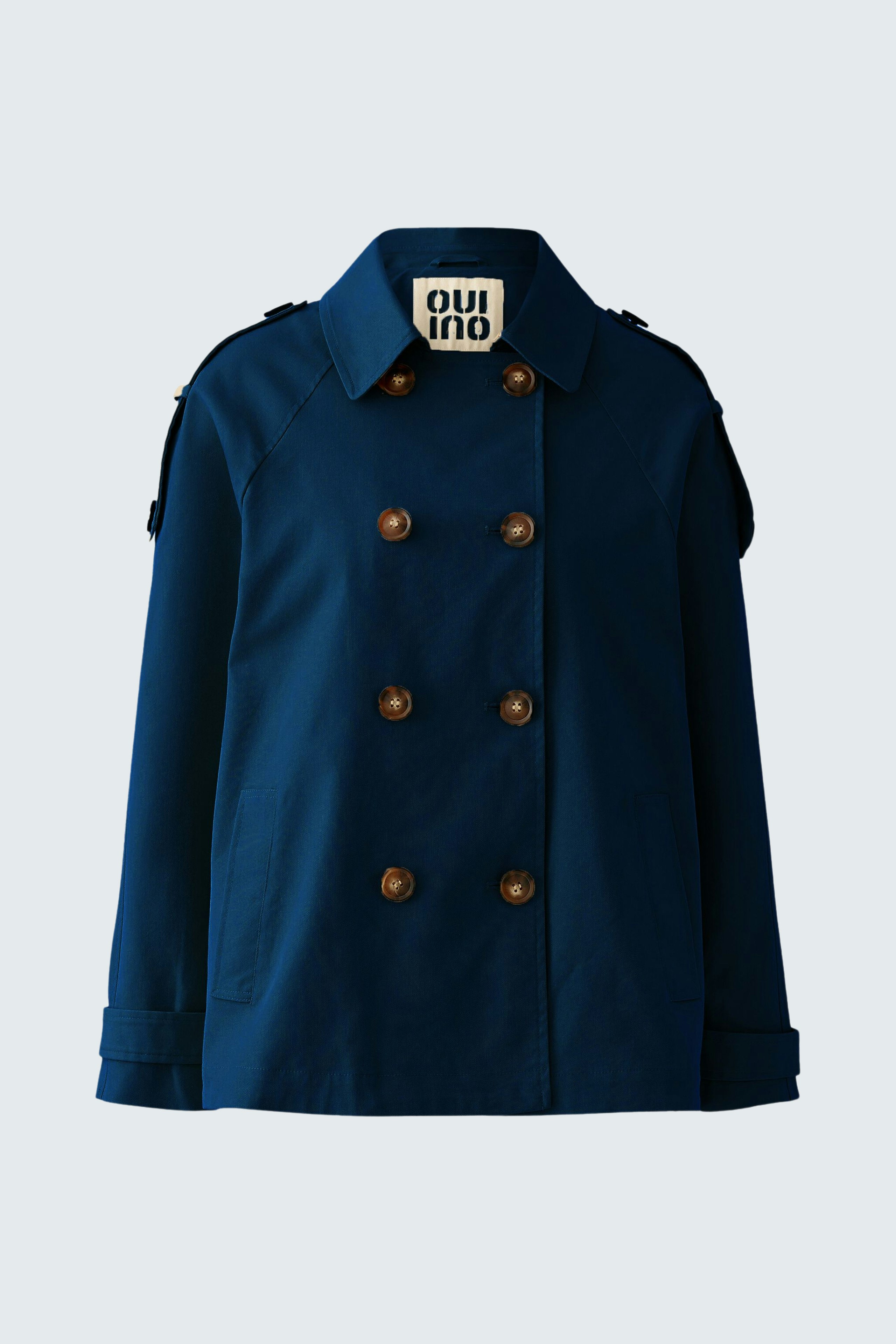 Stylish women's outdoor jacket in navy blue with double-breasted buttons for a chic look.